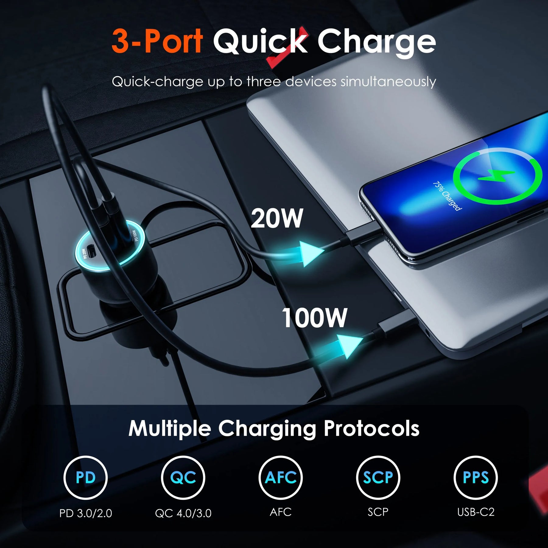 Cargador de coche Rexing de 120 W con triple puerto USB C y cable incluido