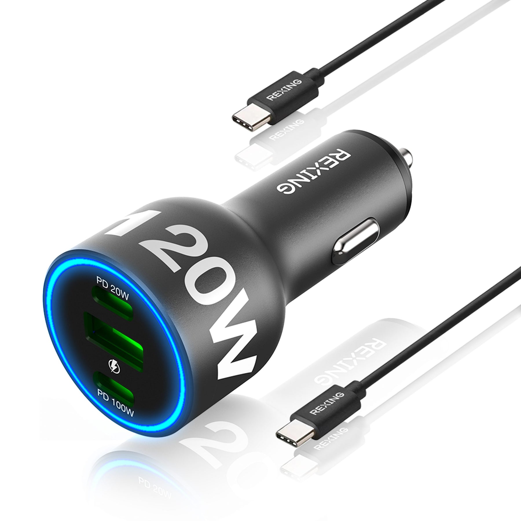 Cargador de coche Rexing de 120 W con triple puerto USB C y cable incluido