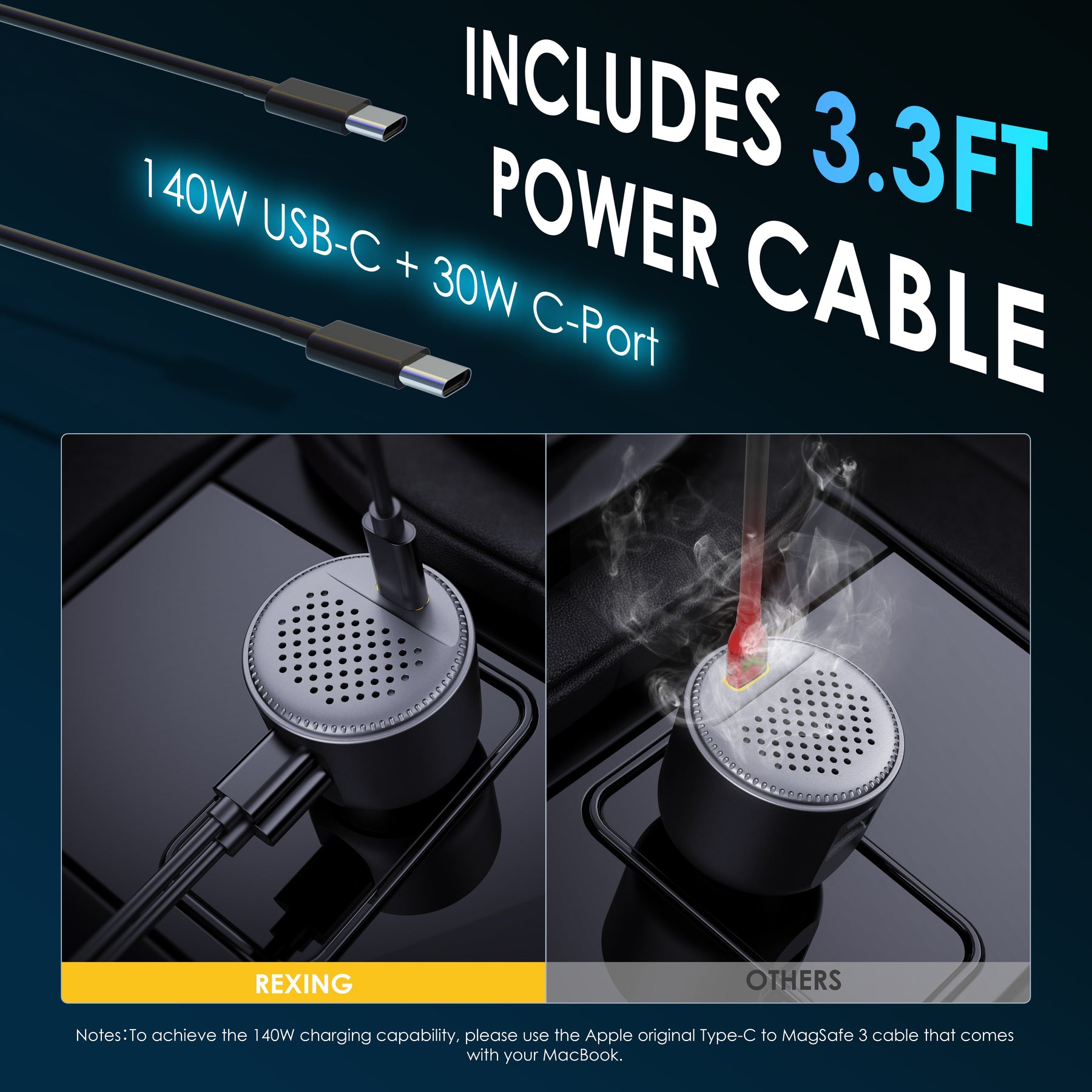 Cargador de coche Rexing de 170 W con 3 puertos USB-C y carga rápida de 140 W con USB-C PD, 30 W con USB-C y 18 W con cables incluidos.