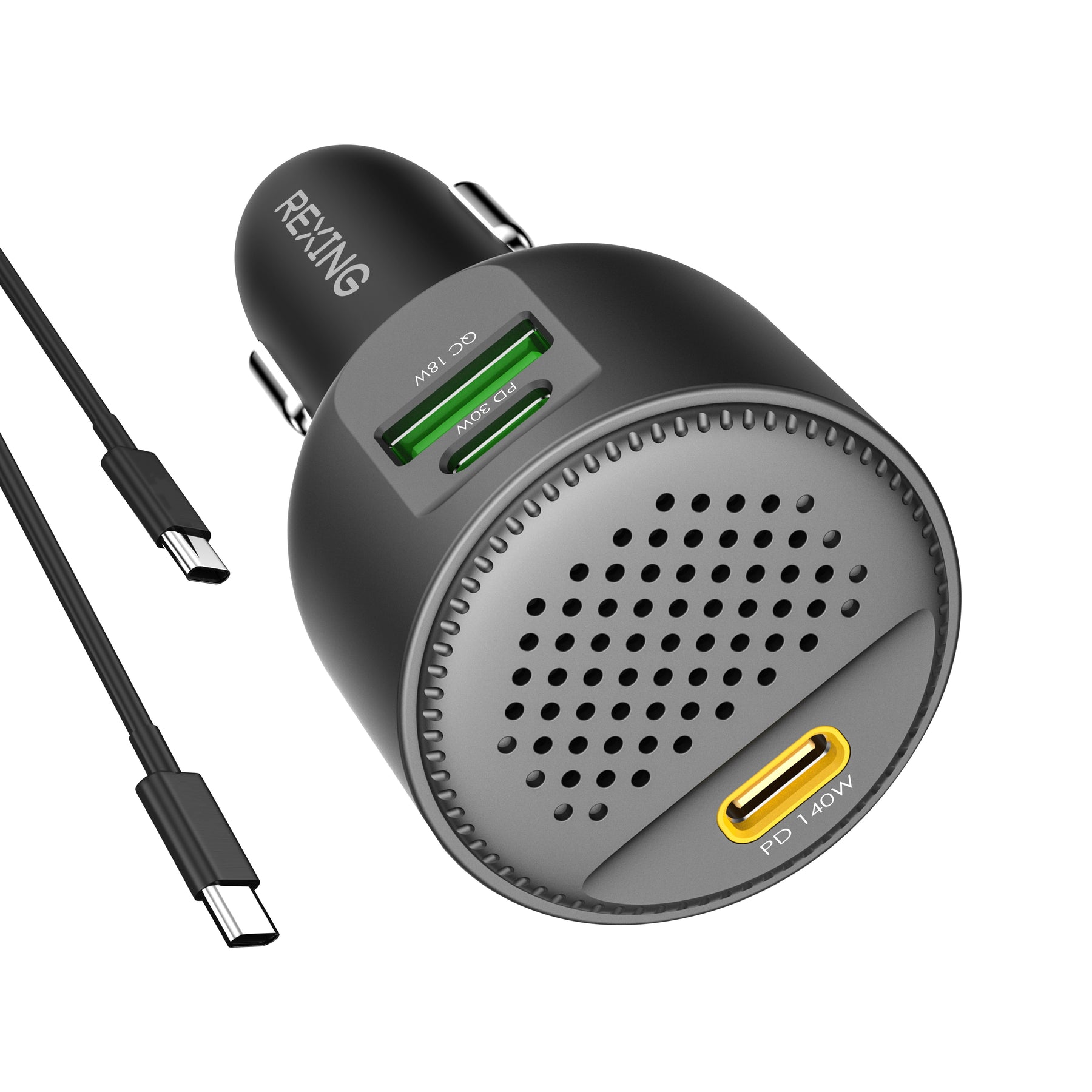 Cargador de coche Rexing de 170 W con 3 puertos USB-C y carga rápida de 140 W con USB-C PD, 30 W con USB-C y 18 W con cables incluidos.