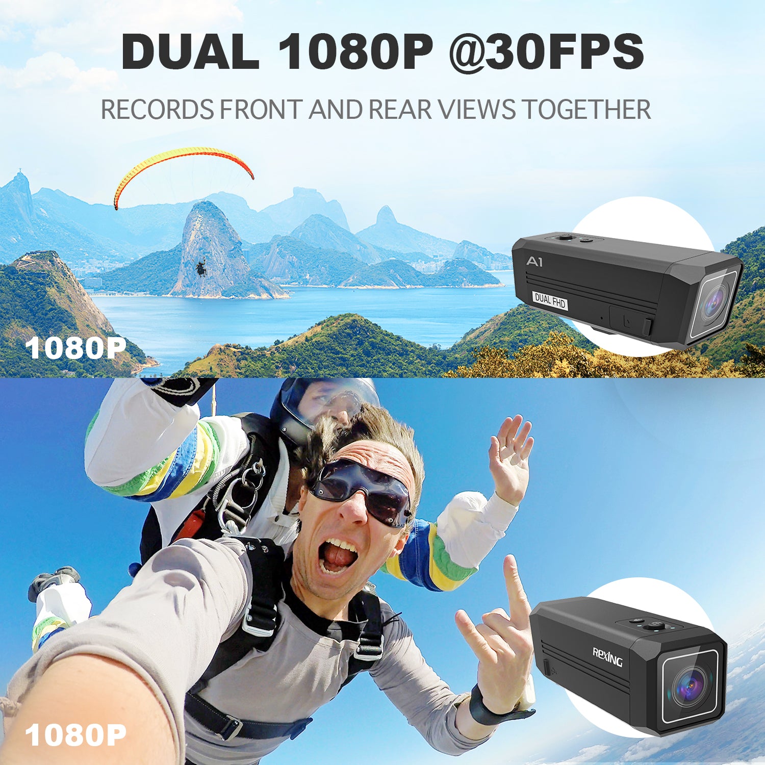 Caméra d'action bidirectionnelle Rexing A1 avant et arrière 1080p à 30 ips avec connexion Wi-Fi