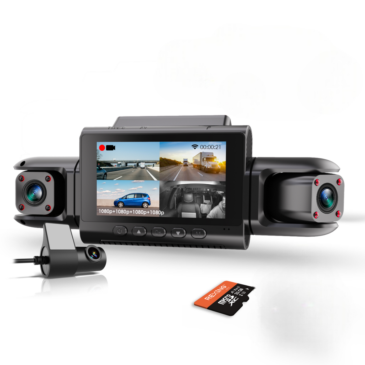 Rexing 4CH Dash Cam w/ All 1080p, Wi-Fi, Loop Recording, G-Sensor, Dual Mount, 32GB Card Included