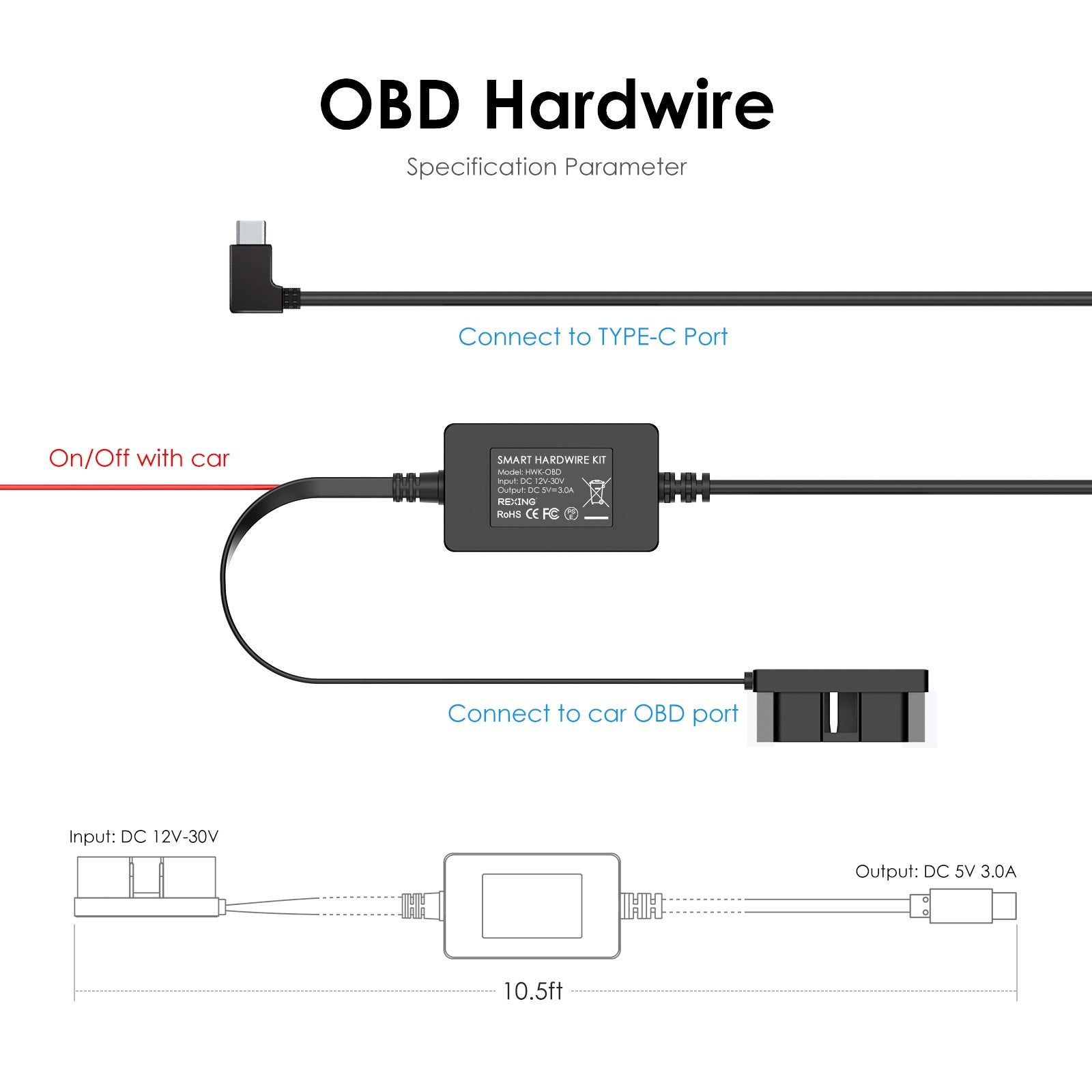 Kit de cableado para cámara de tablero Rexing con interfaz OBD, modo de estacionamiento 24/7, detección de ACC, protección contra bajo voltaje, 12 V-30 V a 5 V/3 A, cable tipo C de 3,2 m