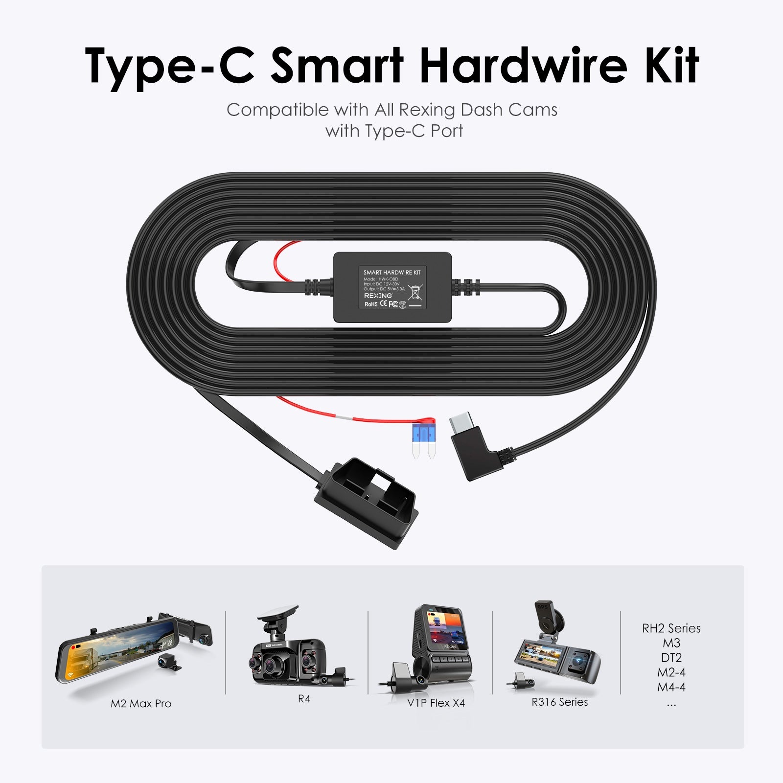 Kit de cableado para cámara de tablero Rexing con interfaz OBD, modo de estacionamiento 24/7, detección de ACC, protección contra bajo voltaje, 12 V-30 V a 5 V/3 A, cable tipo C de 3,2 m