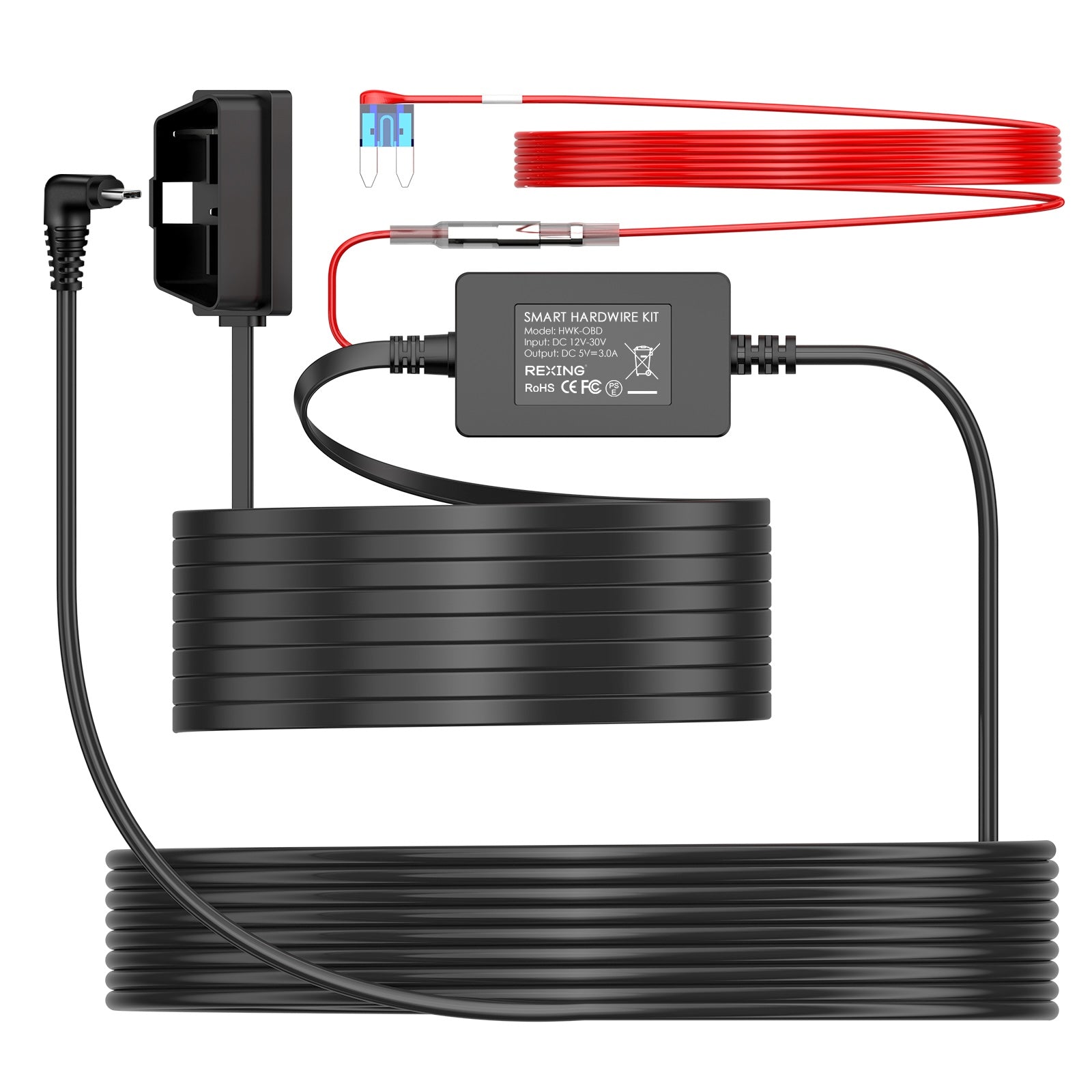 Kit de cableado para cámara de tablero Rexing con interfaz OBD, modo de estacionamiento 24/7, detección de ACC, protección contra bajo voltaje, 12 V-30 V a 5 V/3 A, cable tipo C de 3,2 m