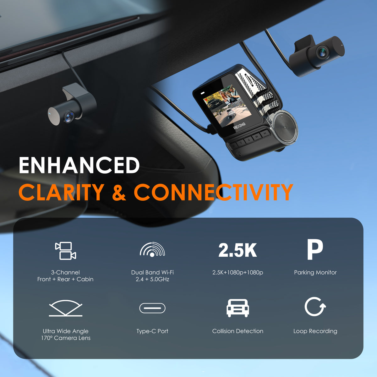 Cámara de tablero de triple canal REXING RH2: cámara frontal de 2.5K y cámara trasera dual de 1080p con Wi-Fi y GPS opcional