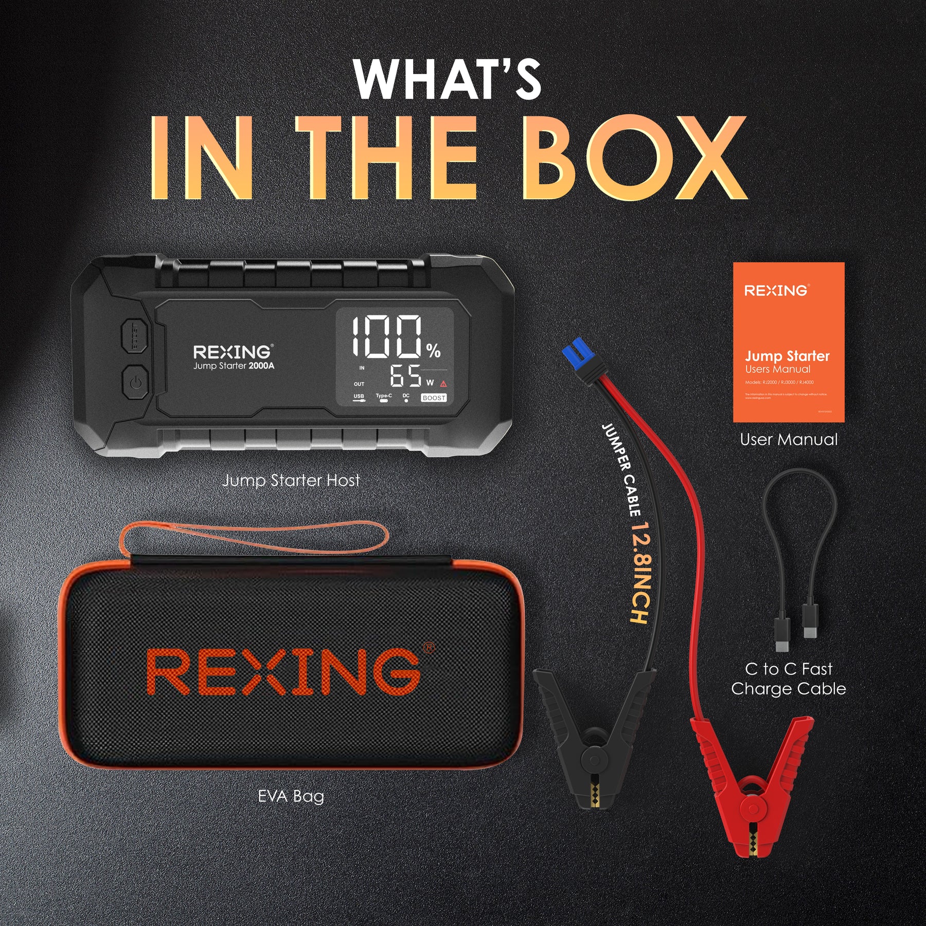 Rexing 2000A Jump Starter, 12V Car Battery Booster with 65W Quick Charger, LED Display, 16000mAh Portable Battery Pack for 7L Gas/6L Diesel Engines with LED Light & Jumper Cables