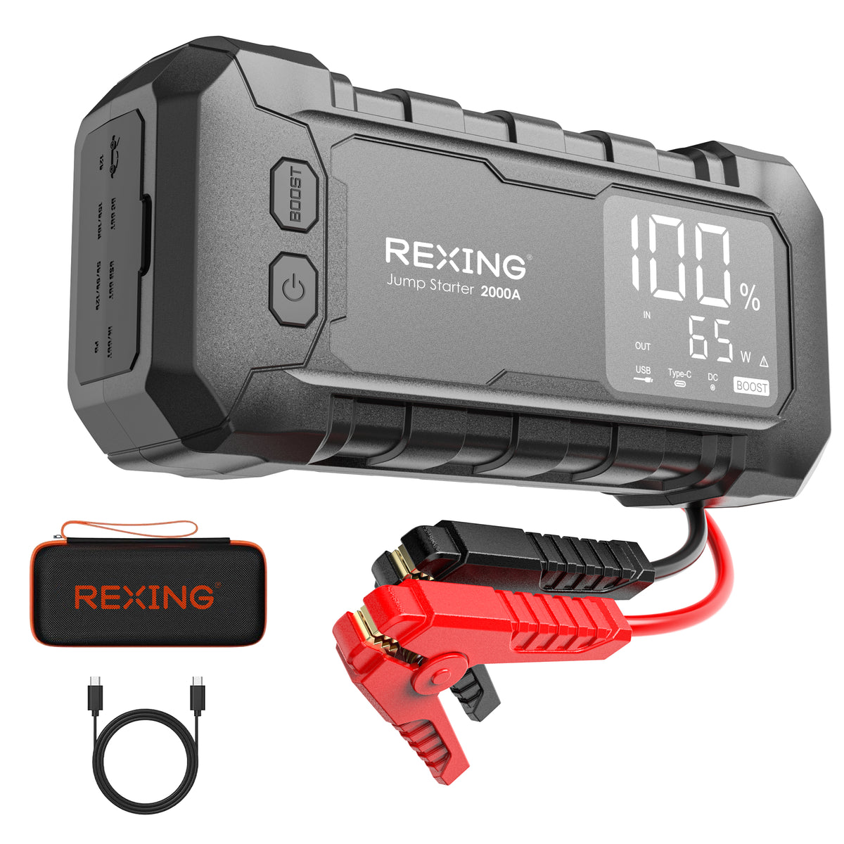 Rexing 2000A Jump Starter, 12V Car Battery Booster with 65W Quick Charger, LED Display, 16000mAh Portable Battery Pack for 7L Gas/6L Diesel Engines with LED Light & Jumper Cables