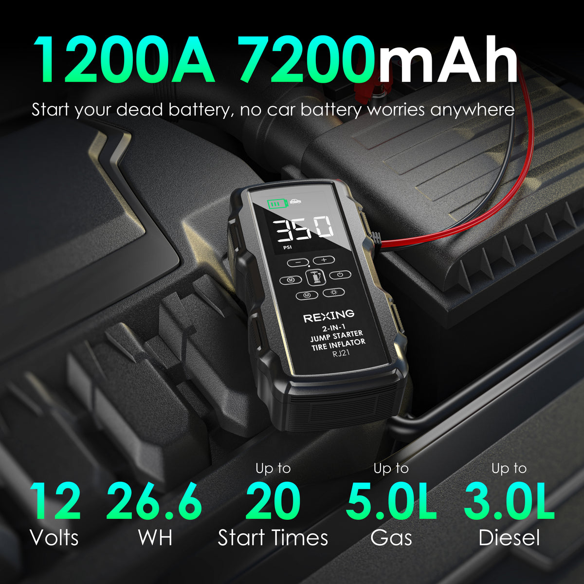 Rexing 2-in-1 Jump Starter & Tire Inflator, 7200mAh Portable 12V Car Battery Booster with 150 PSI Air Compressor, LED Flashlight, USB Power Bank for Roadside Emergencies
