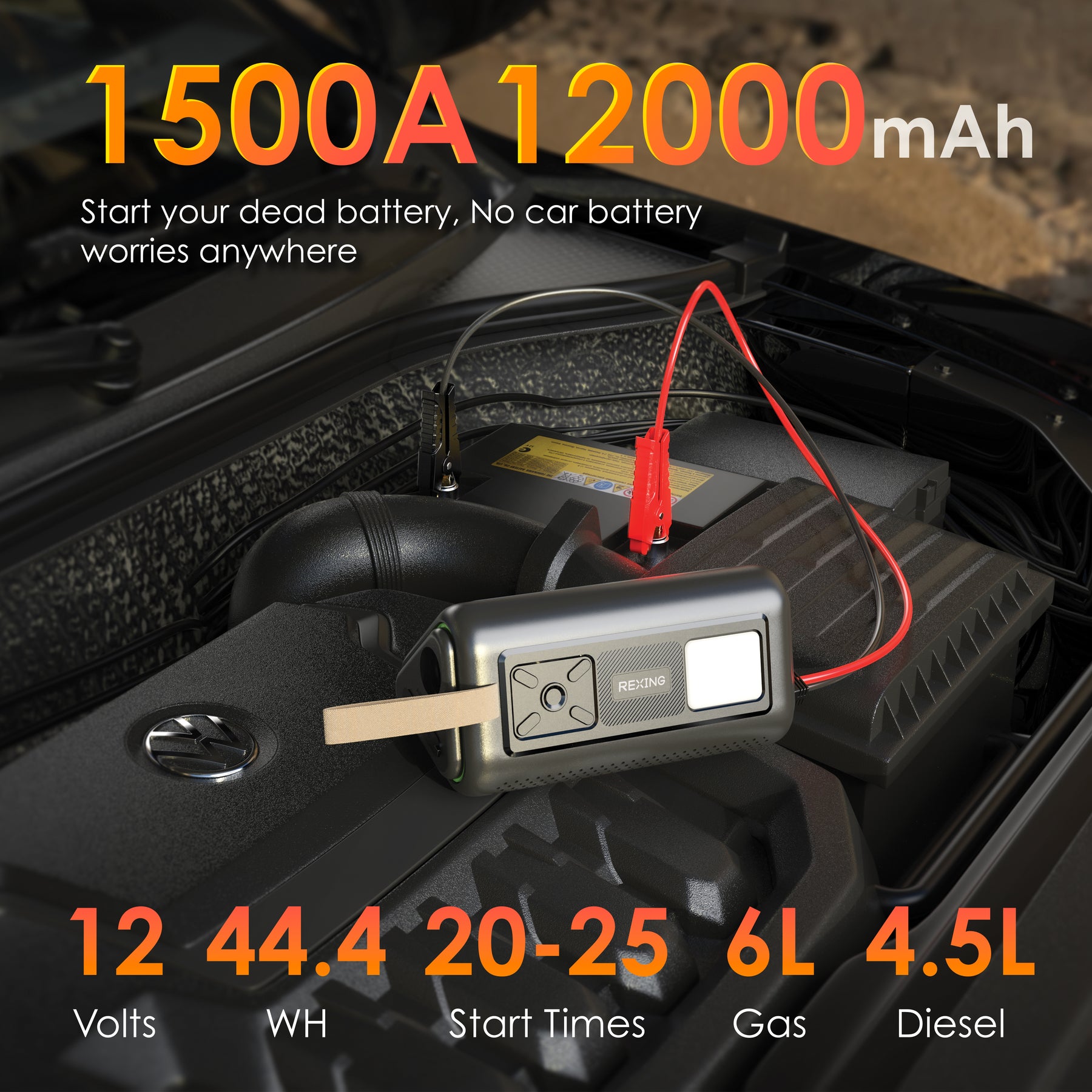Rexing 3-in-1 Jump Starter, Tire Inflator & Air Blower, 1500A Peak 12V Car Battery Booster for 6L Gas/3L Diesel Engines with 150 PSI Air Compressor, LED Flashlight, 12000mAh Portable Power Bank