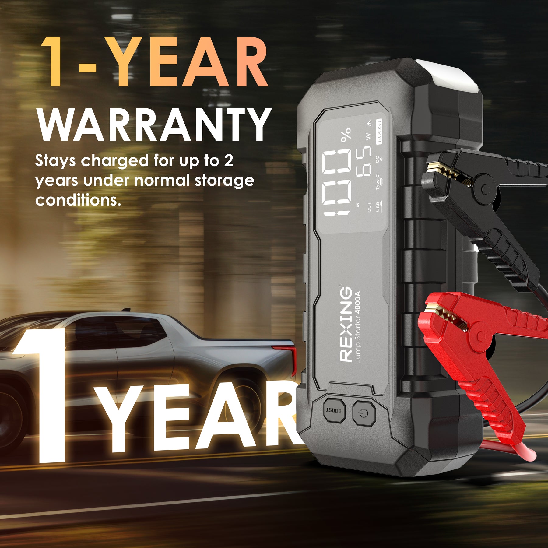 Rexing 4000A Jump Starter, 12V Car Battery Booster with 65W Quick Charger, LED Display, 24000mAh Portable Battery Pack for 10L Gas/10L Diesel Engines with LED Light & Jumper Cables