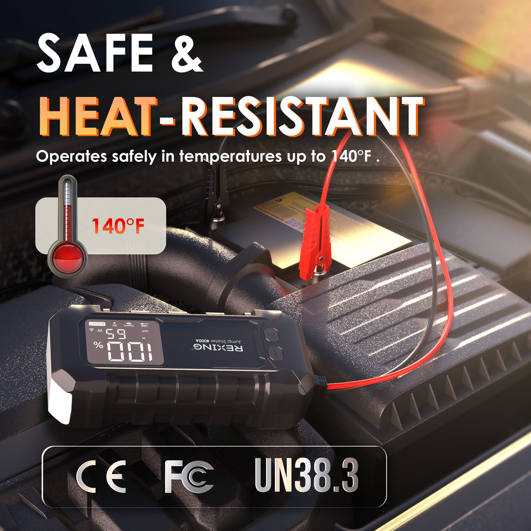 Rexing 4000A Jump Starter, 12V Car Battery Booster with 65W Quick Charger, LED Display, 24000mAh Portable Battery Pack for 10L Gas/10L Diesel Engines with LED Light & Jumper Cables