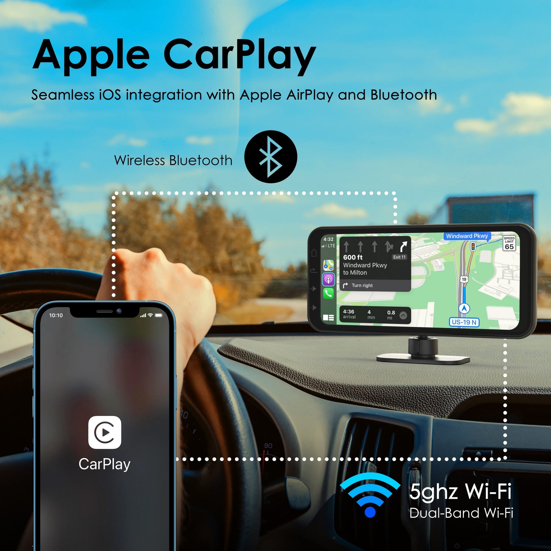 Receptor multimedia inalámbrico REXING RoadMate CPDuo: CarPlay + Android Auto + función de cámara de tablero