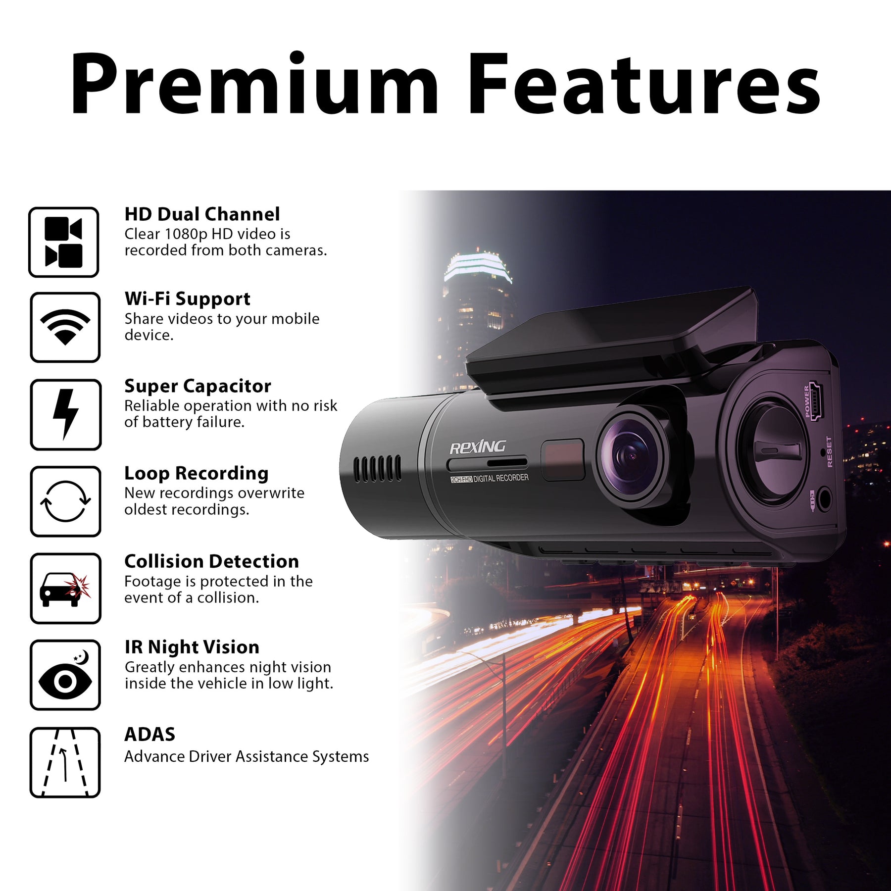 Caméra embarquée Rexing V3C à double caméra avant et intérieure Full HD 1080p avec WiFi