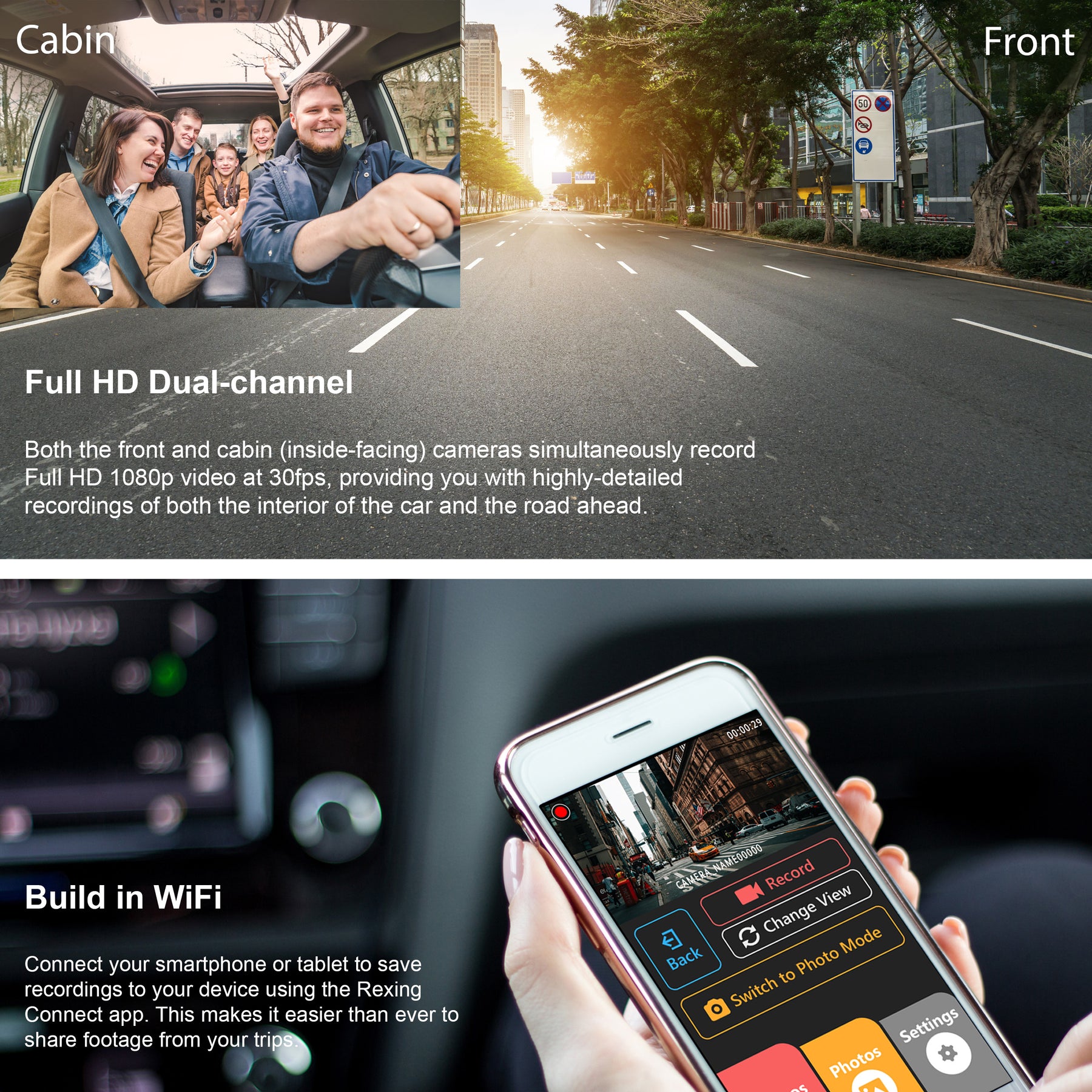 Caméra embarquée Rexing V3C à double caméra avant et intérieure Full HD 1080p avec WiFi
