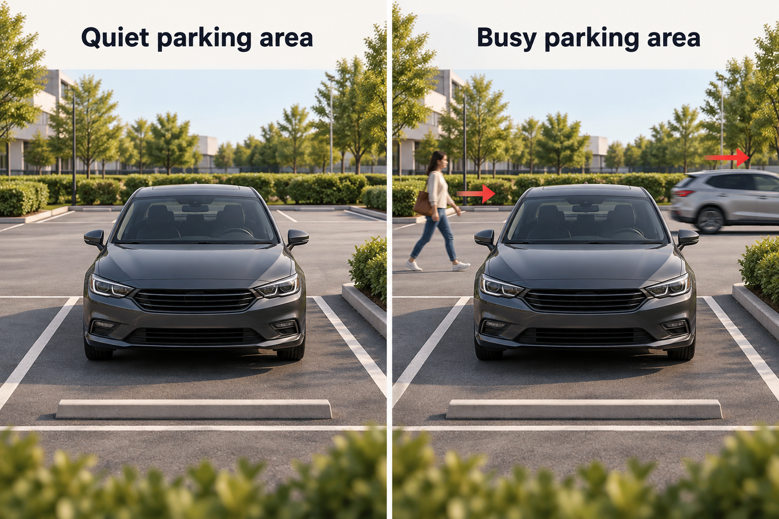 The same stationary car in a quiet parking area and a busy area with a pedestrian and passing vehicle.