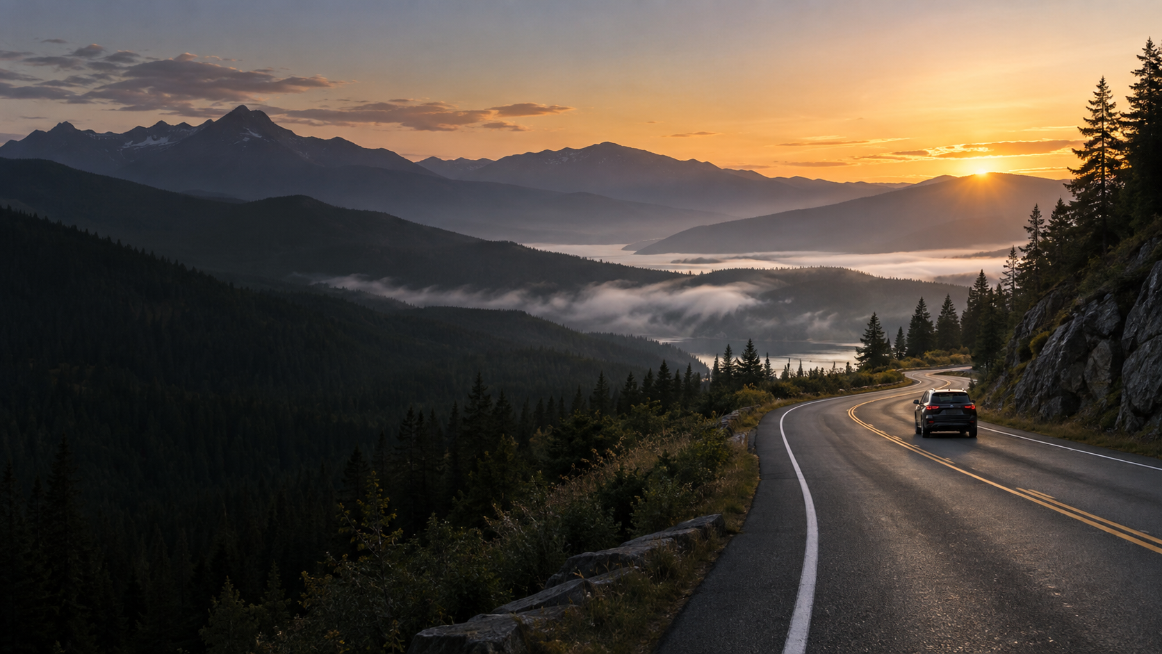 A mountain road at sunrise with a vehicle heading toward distant peaks