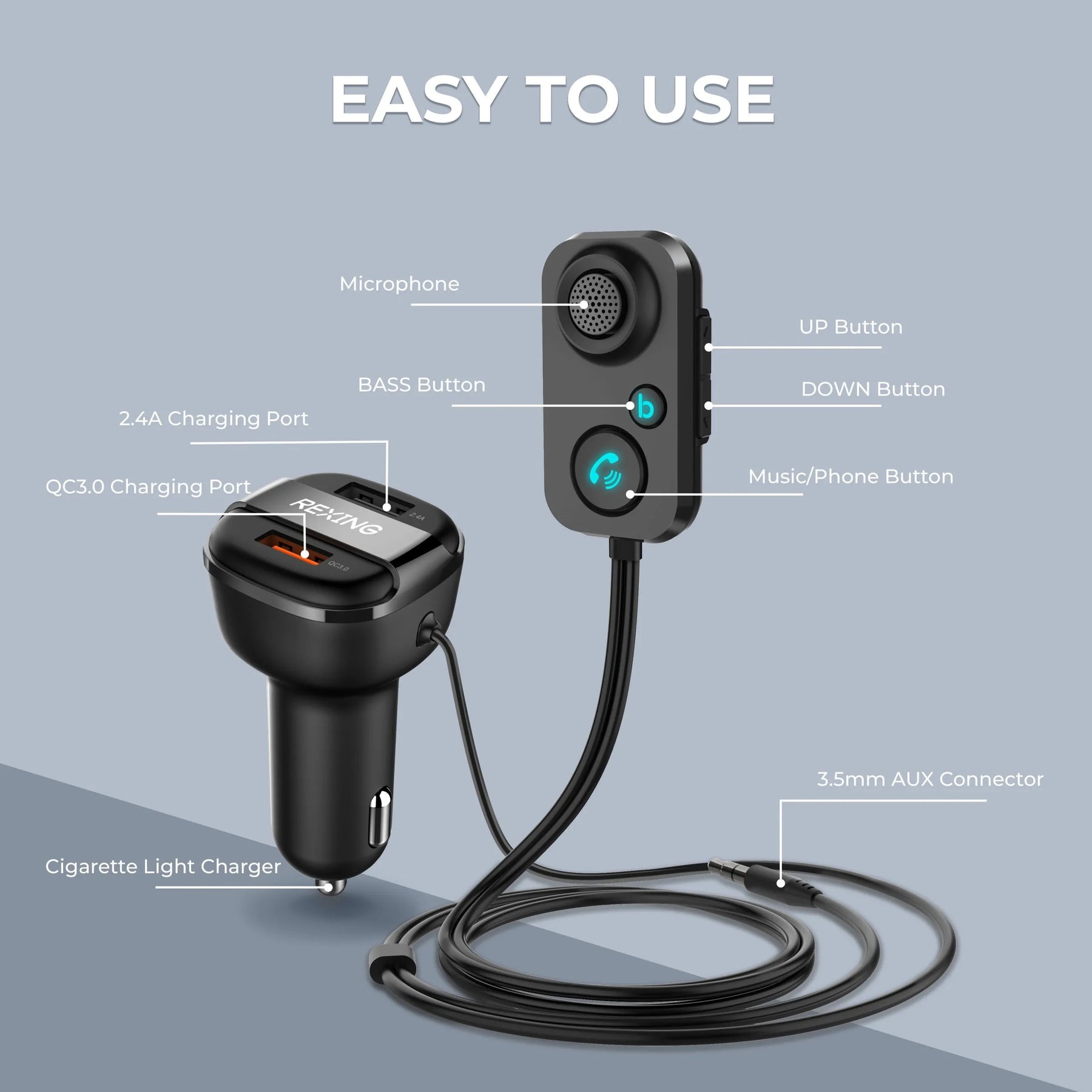 Receptor Bluetooth Rexing AUX2 Mini para coche con Bluetooth 5.1