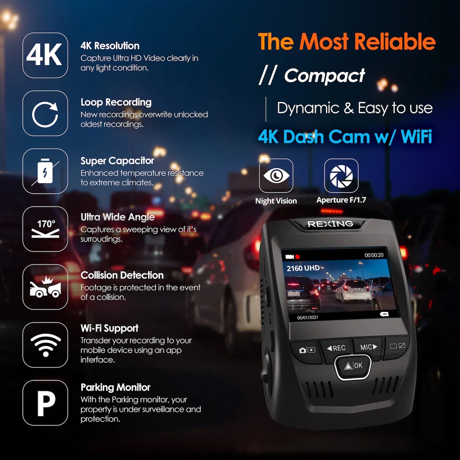 Rexing V1-4K Caméra de tableau de bord de voiture Ultra HD avec Wi-Fi