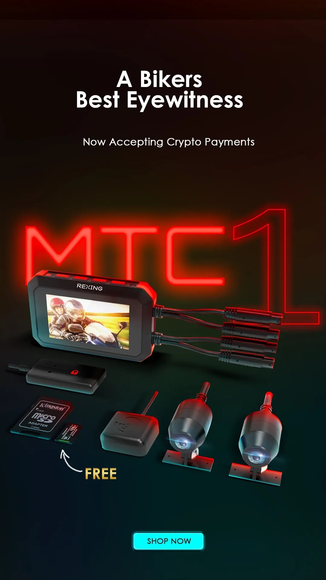 Cámara de tablero para motocicleta Rexing MTC1 con doble cámara frontal y trasera de 1080p, WiFi y GPS
