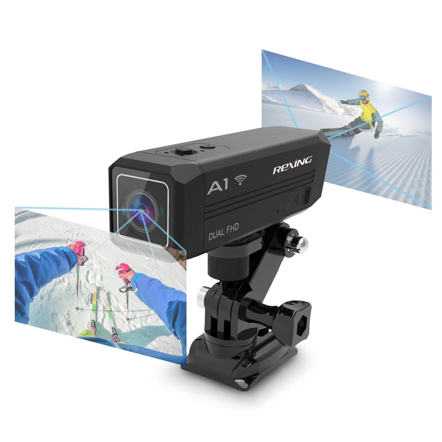 Caméra d'action bidirectionnelle Rexing A1 avant et arrière 1080p à 30 ips avec connexion Wi-Fi