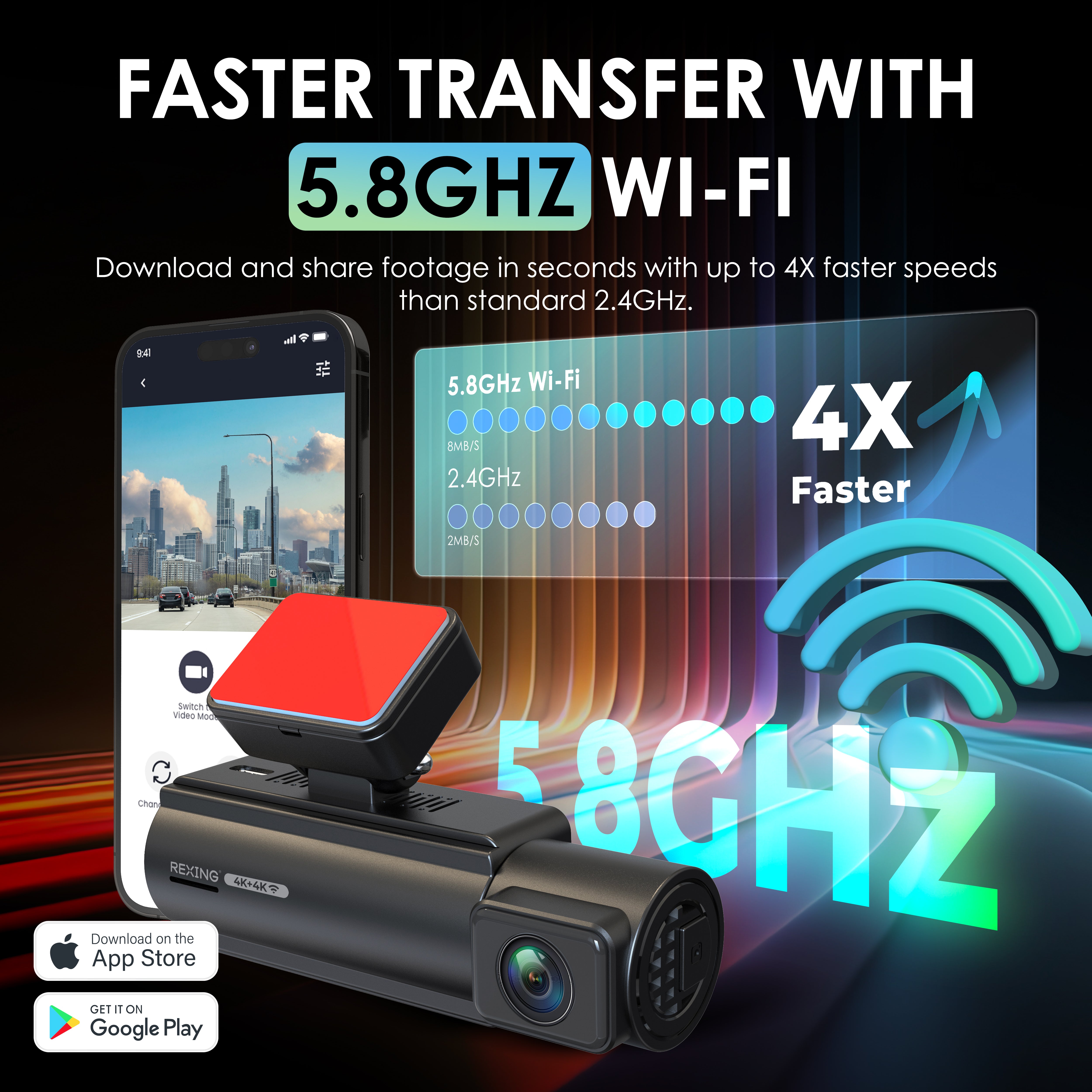 Rexing C2 Pro 4K Dual Dash Cam with Front & Rear 4K, 5GHz Wi-Fi, Parking Mode, 32GB Card