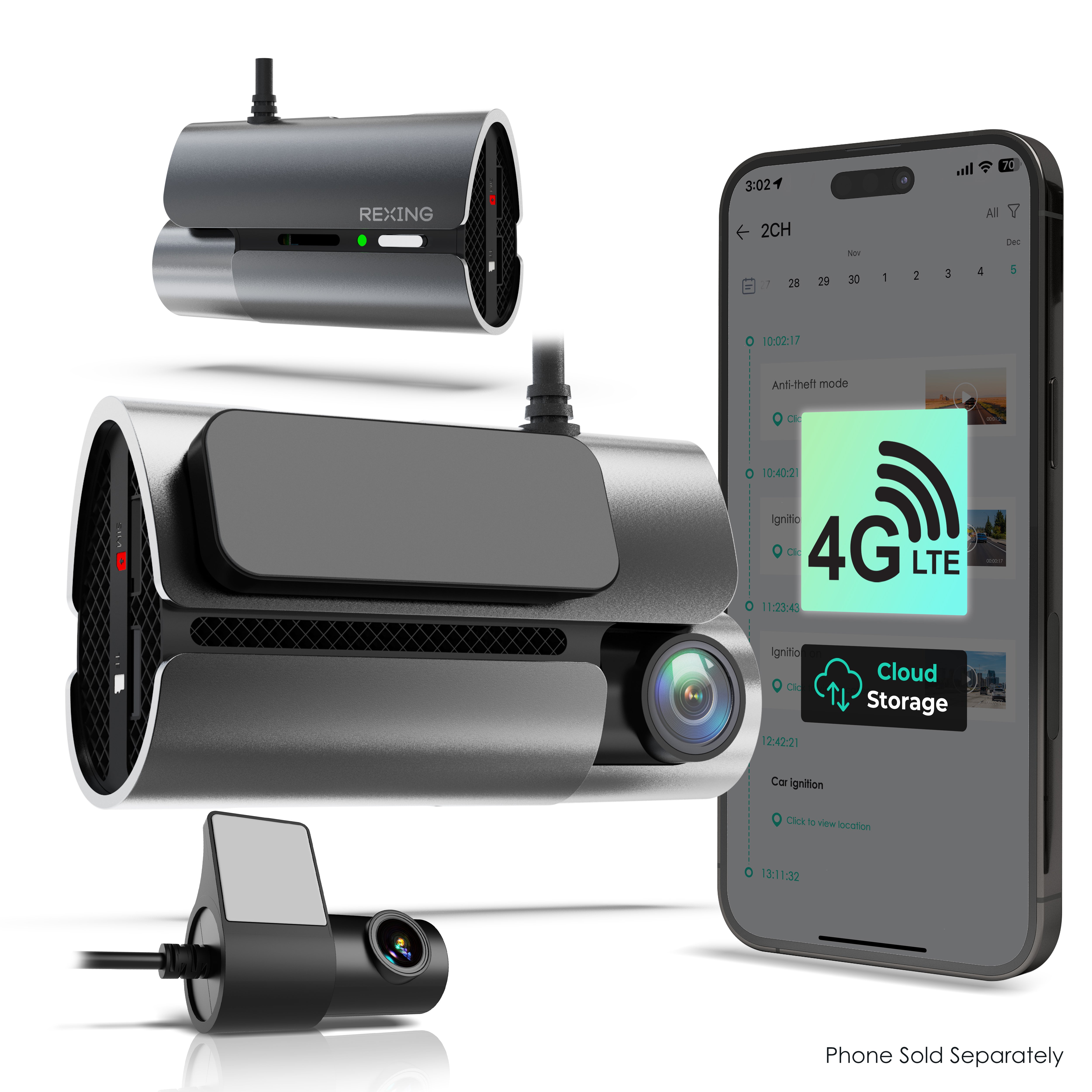Rexing 4G LTE — 2-Channel Dash Cam with Remote Alerts