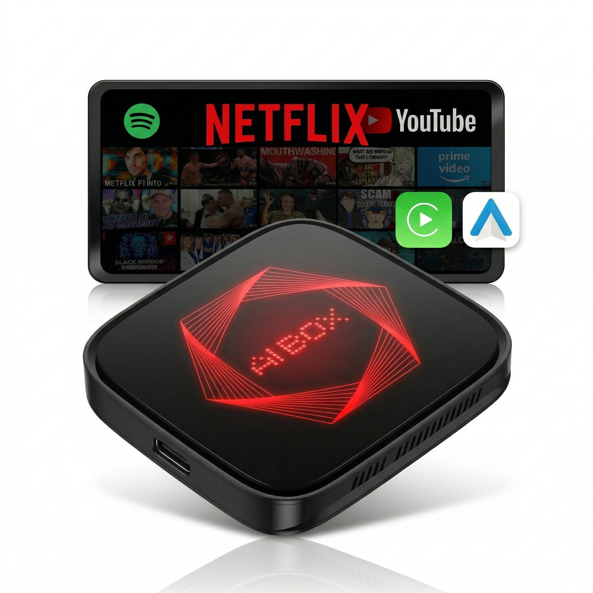 Rexing AI Box Wireless CarPlay & Android Auto Adapter - Multimedia Video Box with Built-in Netflix, YouTube, TikTok Lite - Support USB Video & Music Playback, Custom Ambient Light Control - Plug & Play Car AI Streaming Hub