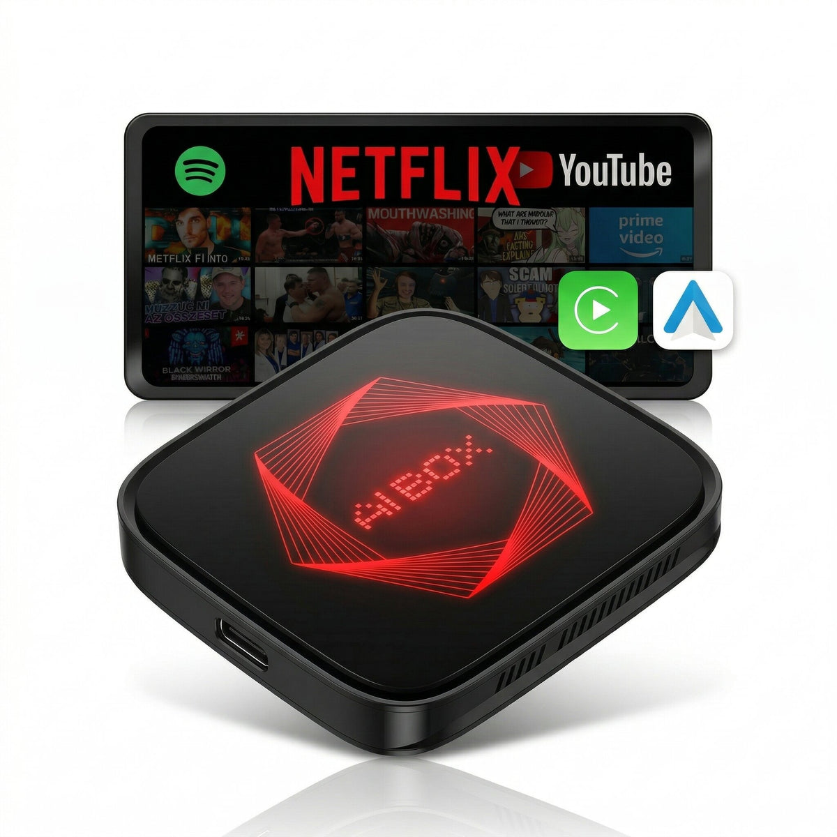 Rexing AI Box Wireless CarPlay & Android Auto Adapter - Multimedia Video Box with Built-in Netflix, YouTube, TikTok Lite - Support USB Video & Music Playback, Custom Ambient Light Control - Plug & Play Car AI Streaming Hub