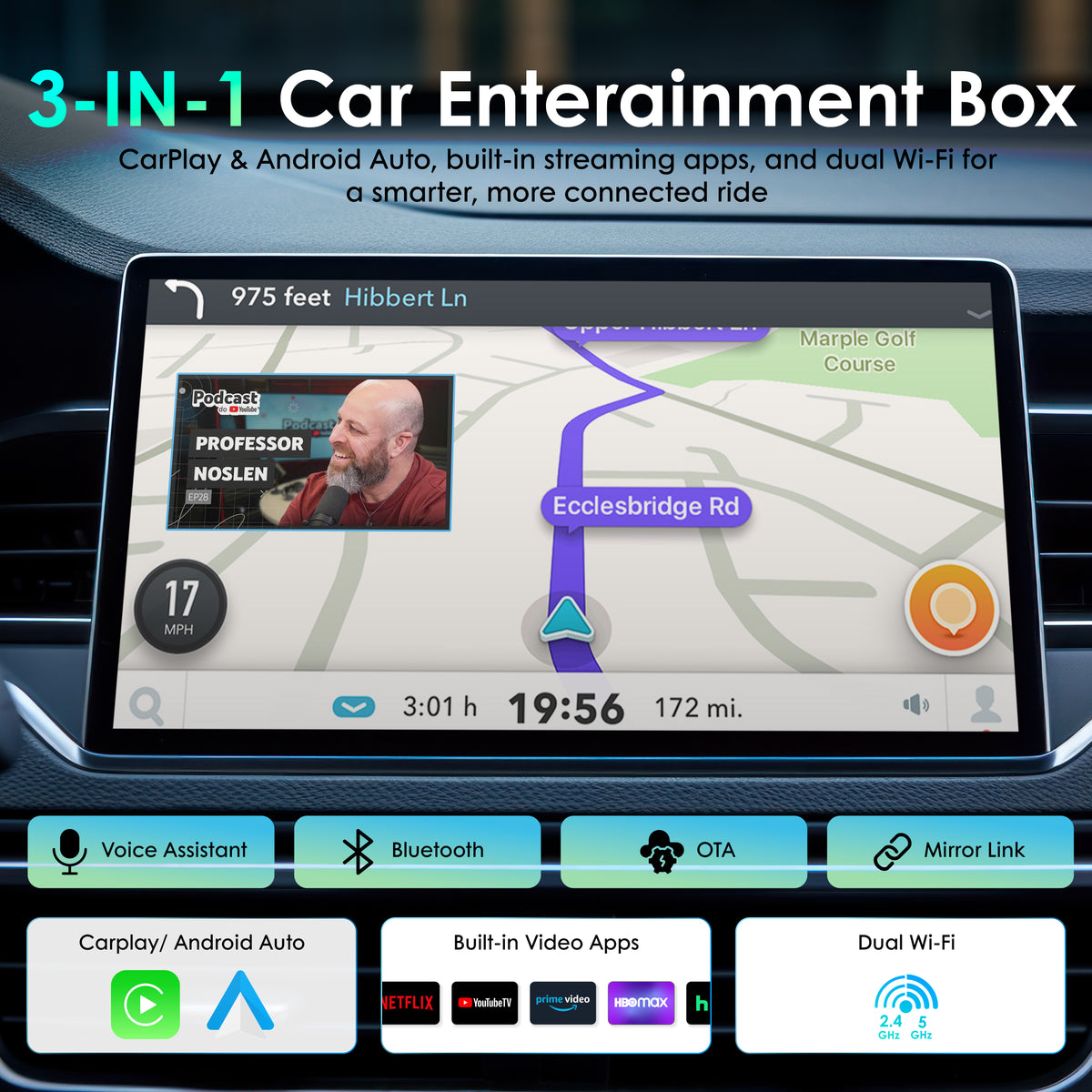 Rexing AI Box Wireless CarPlay & Android Auto Adapter - Multimedia Video Box with Built-in Netflix, YouTube, TikTok Lite - Support USB Video & Music Playback, Custom Ambient Light Control - Plug & Play Car AI Streaming Hub
