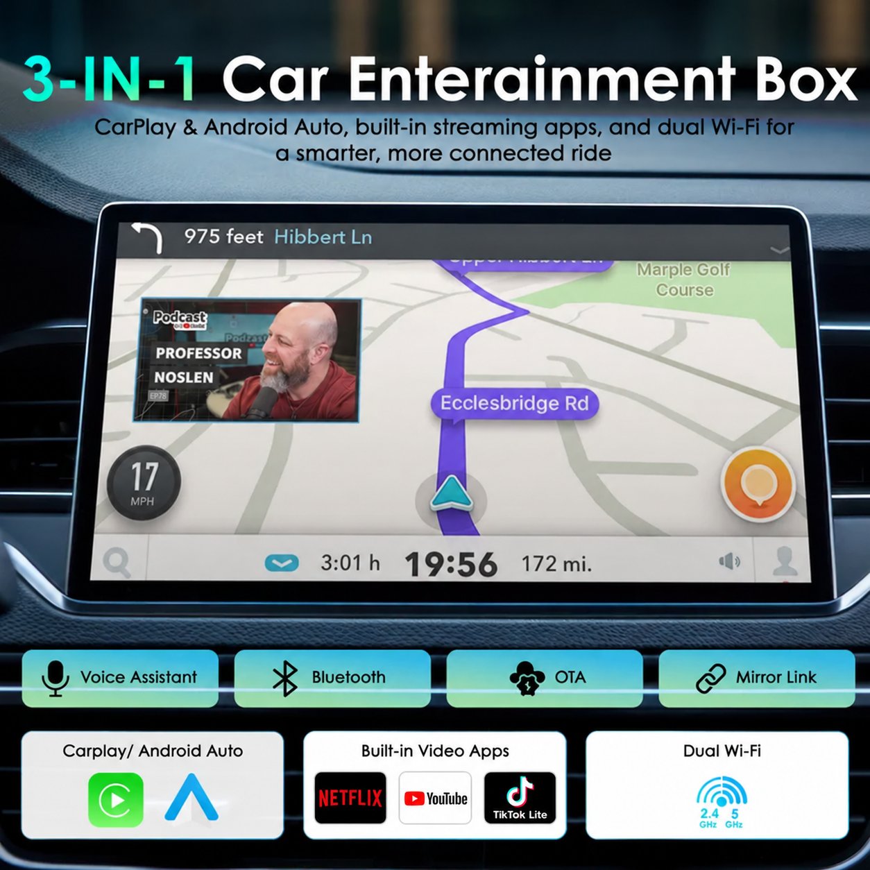 Rexing AI Box entertainment features with built-in Netflix, YouTube, and TikTok Lite video apps