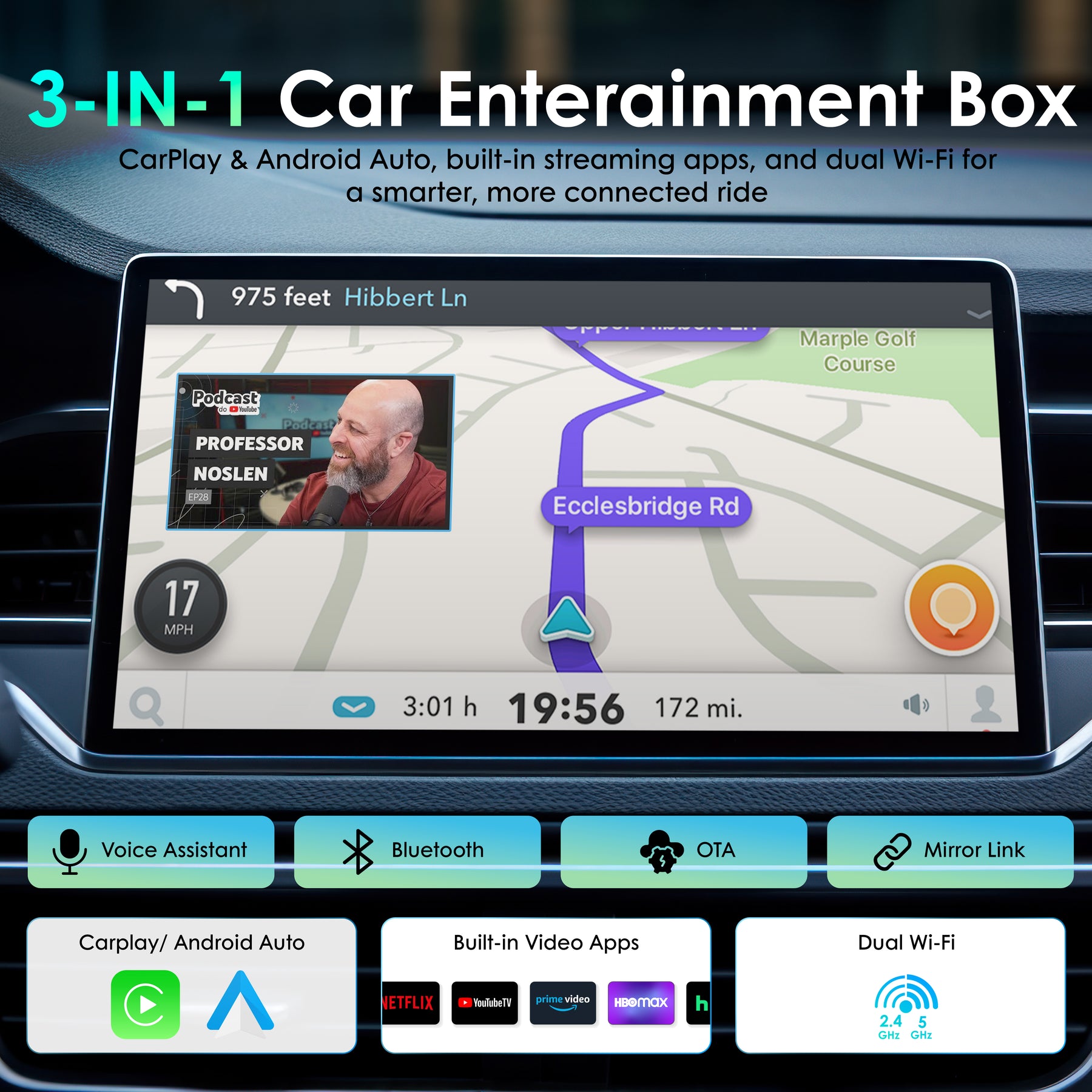 Rexing AI Box Wireless CarPlay & Android Auto Adapter - Multimedia Video Box with Built-in Netflix, YouTube, TikTok Lite - Support USB Video & Music Playback, Custom Ambient Light Control - Plug & Play Car AI Streaming Hub