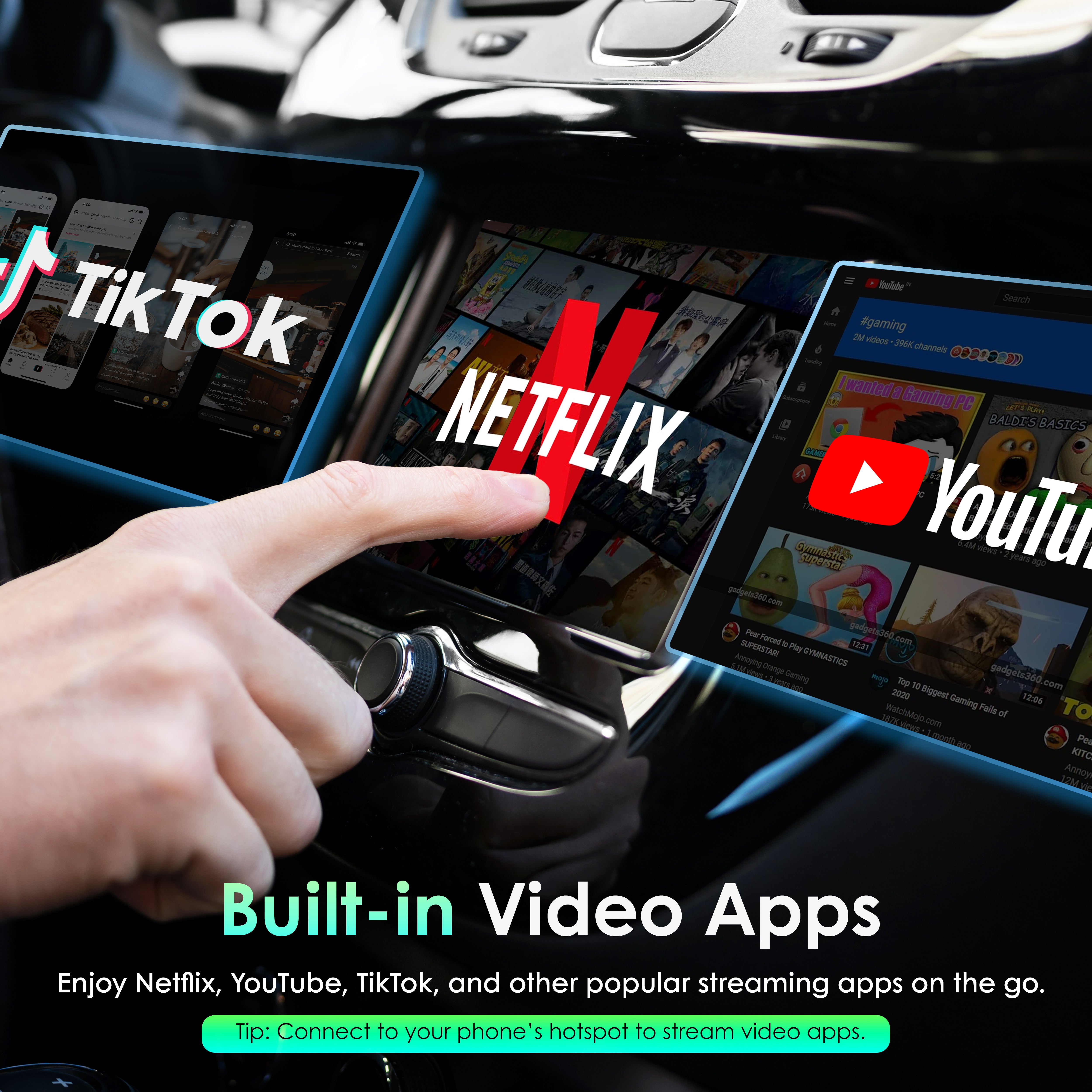 Rexing AI Box Wireless CarPlay & Android Auto Adapter - Multimedia Video Box with Built-in Netflix, YouTube, TikTok Lite - Support USB Video & Music Playback, Custom Ambient Light Control - Plug & Play Car AI Streaming Hub