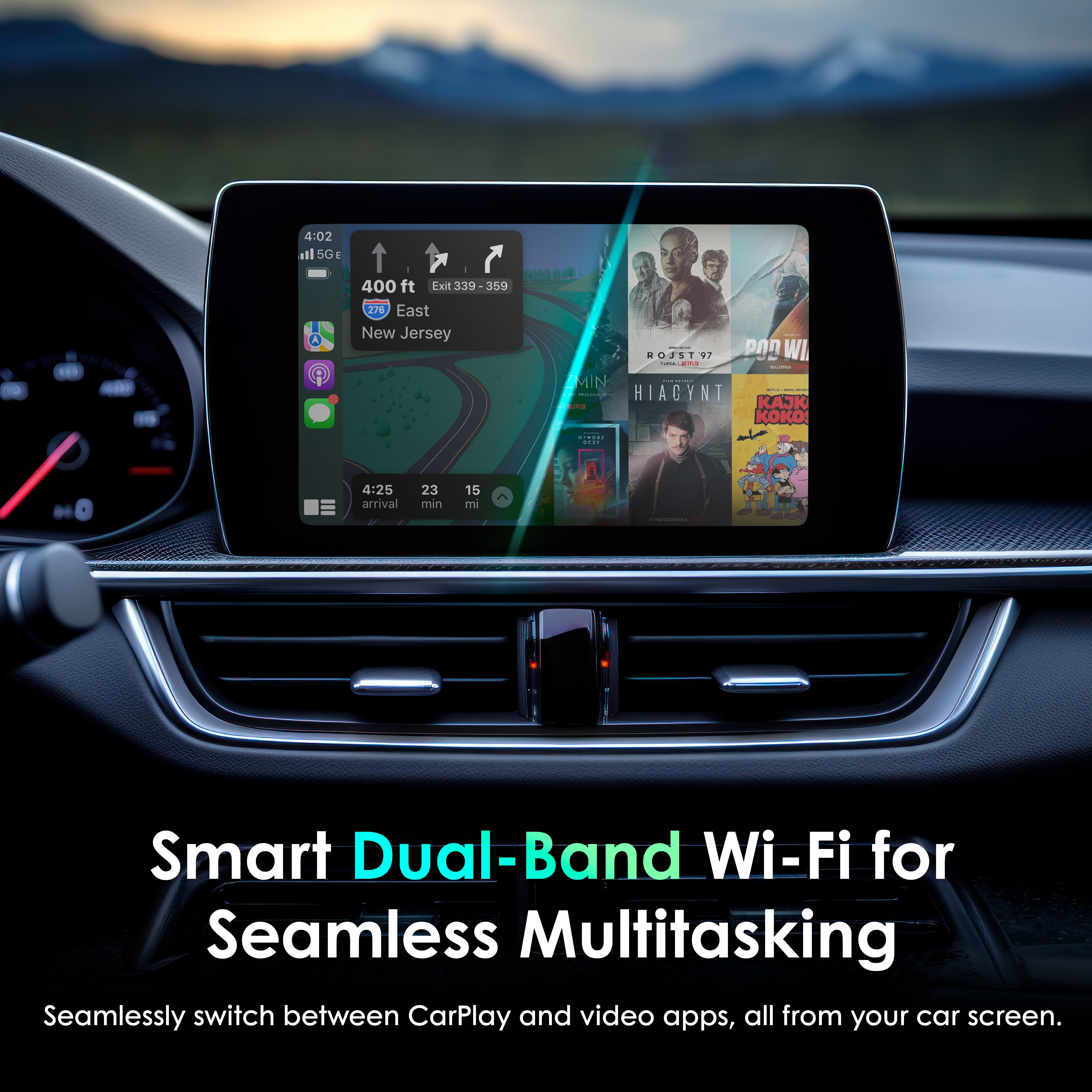 Rexing AI Box Wireless CarPlay & Android Auto Adapter - Multimedia Video Box with Built-in Netflix, YouTube, TikTok Lite - Support USB Video & Music Playback, Custom Ambient Light Control - Plug & Play Car AI Streaming Hub