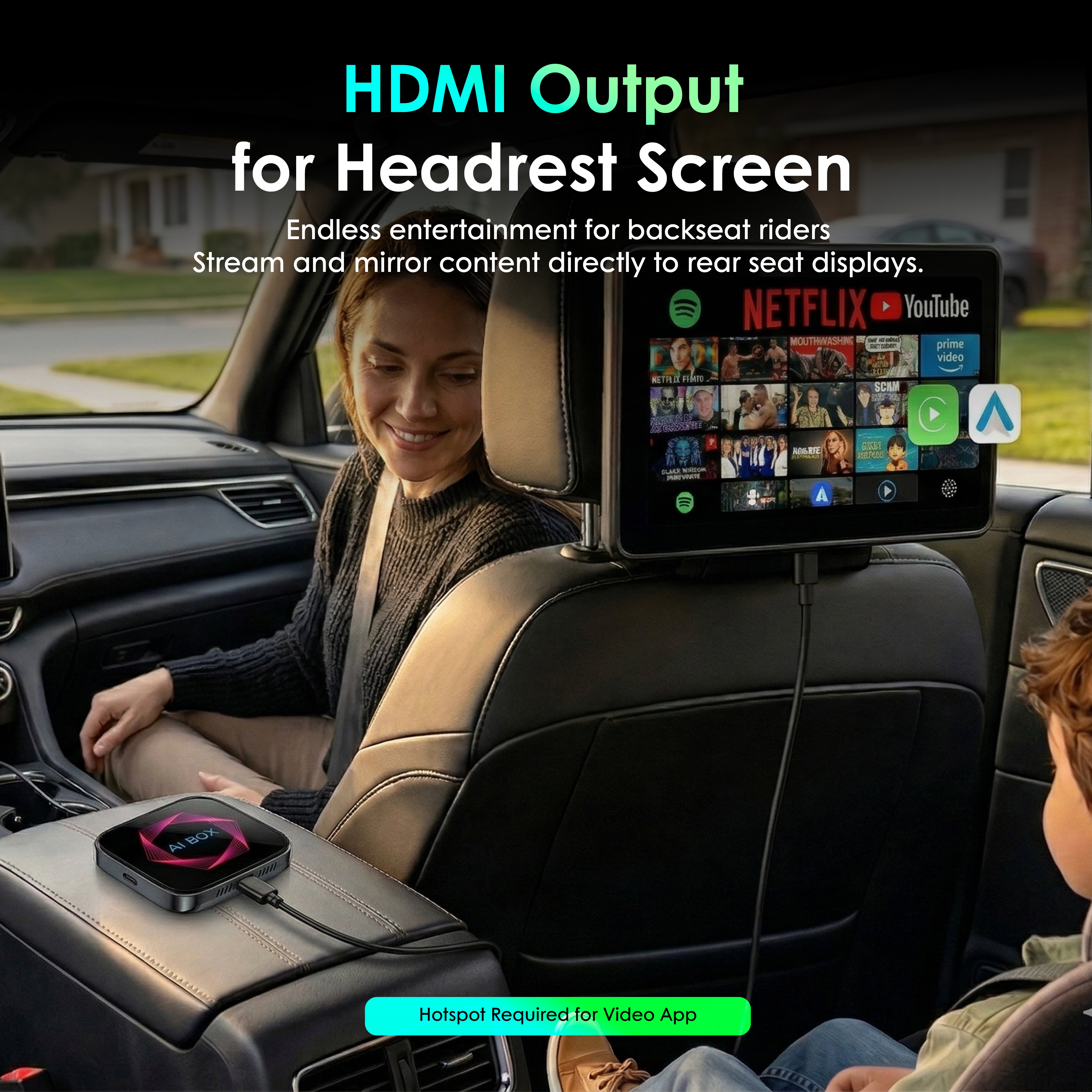 Rexing AI Box Wireless CarPlay & Android Auto Adapter - Multimedia Video Box with Built-in Netflix, YouTube, TikTok Lite - Support USB Video & Music Playback, Custom Ambient Light Control - Plug & Play Car AI Streaming Hub