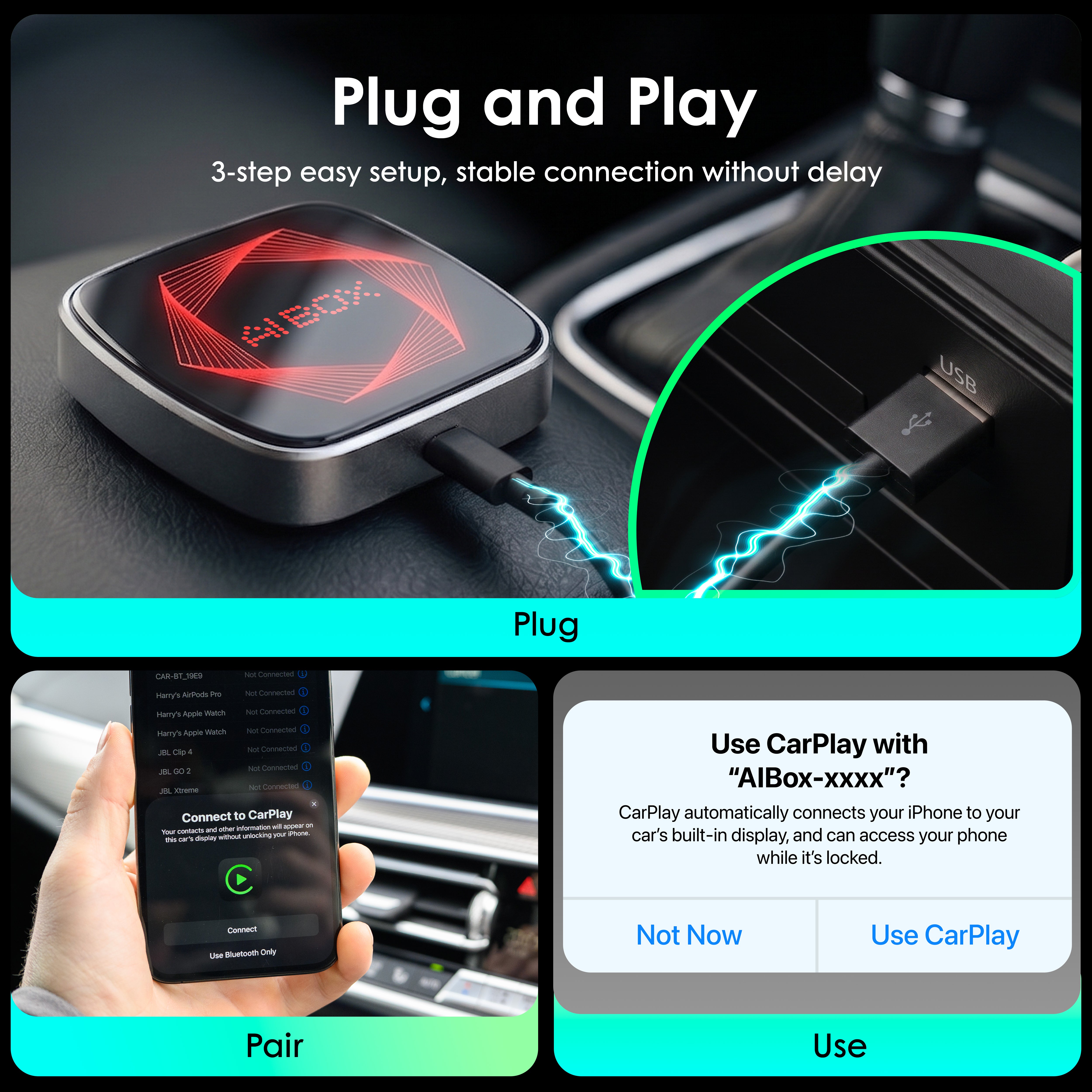 Rexing AI Box Wireless CarPlay & Android Auto Adapter - Multimedia Video Box with Built-in Netflix, YouTube, TikTok Lite - Support USB Video & Music Playback, Custom Ambient Light Control - Plug & Play Car AI Streaming Hub