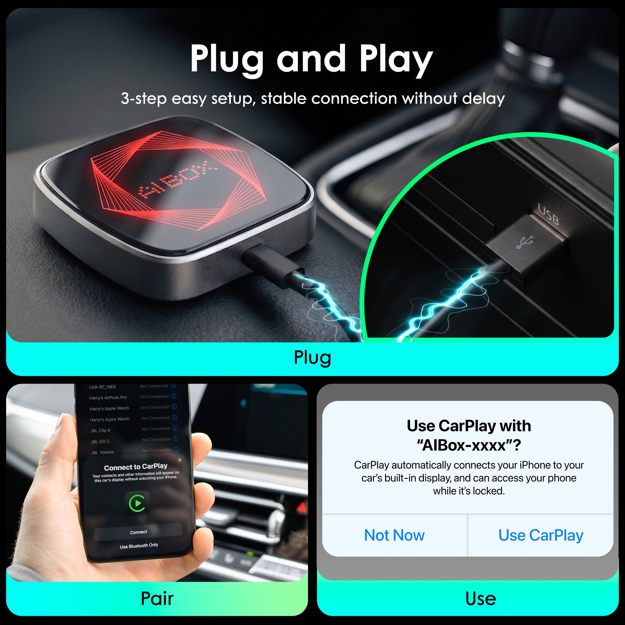 Rexing AI Box Wireless CarPlay & Android Auto Adapter - Multimedia Video Box with Built-in Netflix, YouTube, TikTok Lite - Support USB Video & Music Playback, Custom Ambient Light Control - Plug & Play Car AI Streaming Hub