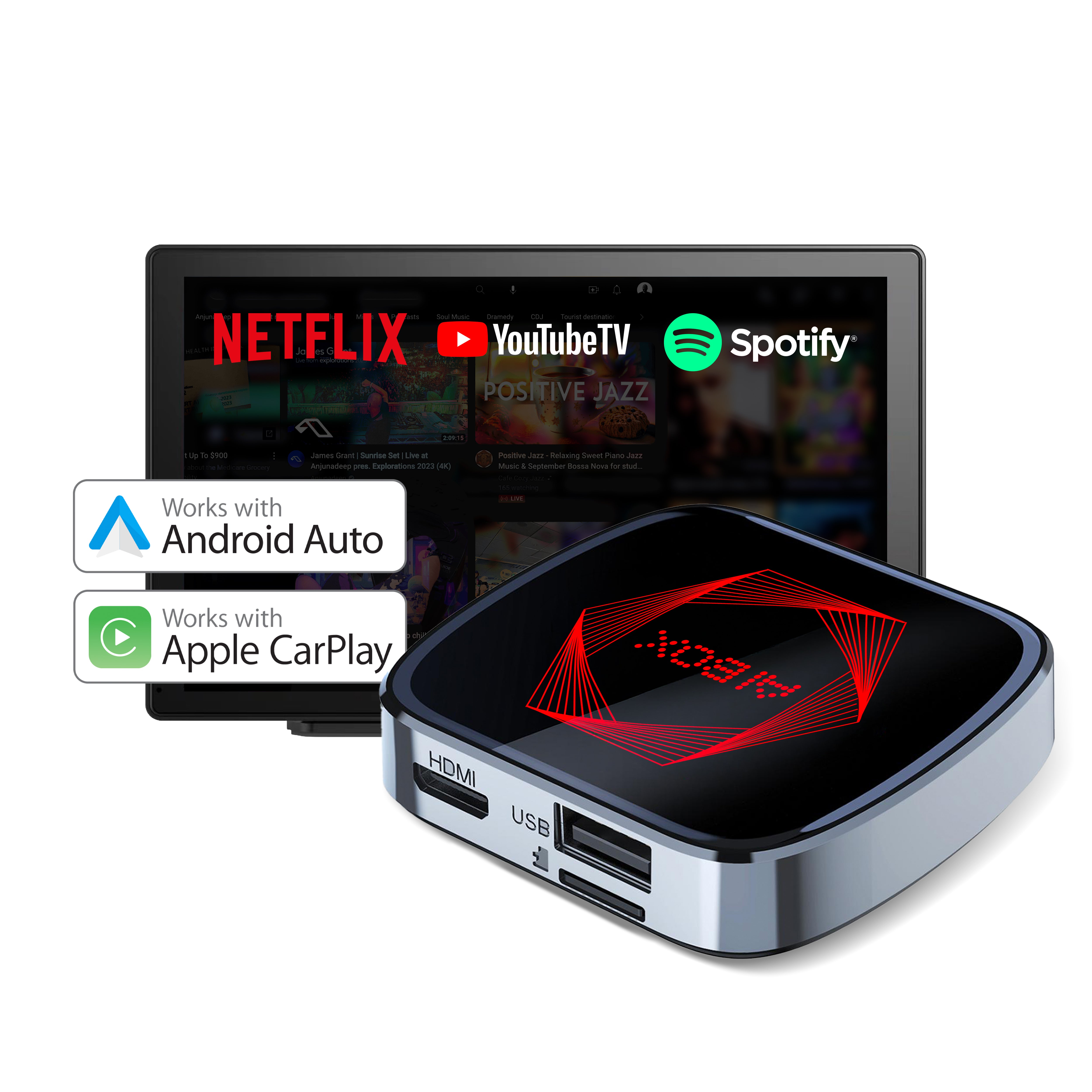 Rexing AI Box Wireless CarPlay & Android Auto Adapter - Multimedia Video Box with Built-in Netflix, YouTube, TikTok Lite - Support USB Video & Music Playback, Custom Ambient Light Control - Plug & Play Car AI Streaming Hub