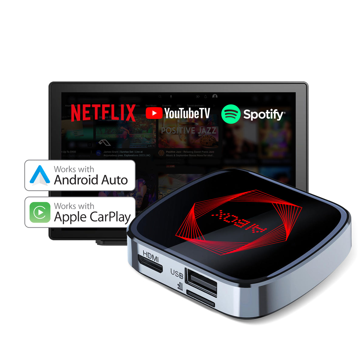 Rexing AI Box Wireless CarPlay & Android Auto Adapter - Multimedia Video Box with Built-in Netflix, YouTube, TikTok Lite - Support USB Video & Music Playback, Custom Ambient Light Control - Plug & Play Car AI Streaming Hub