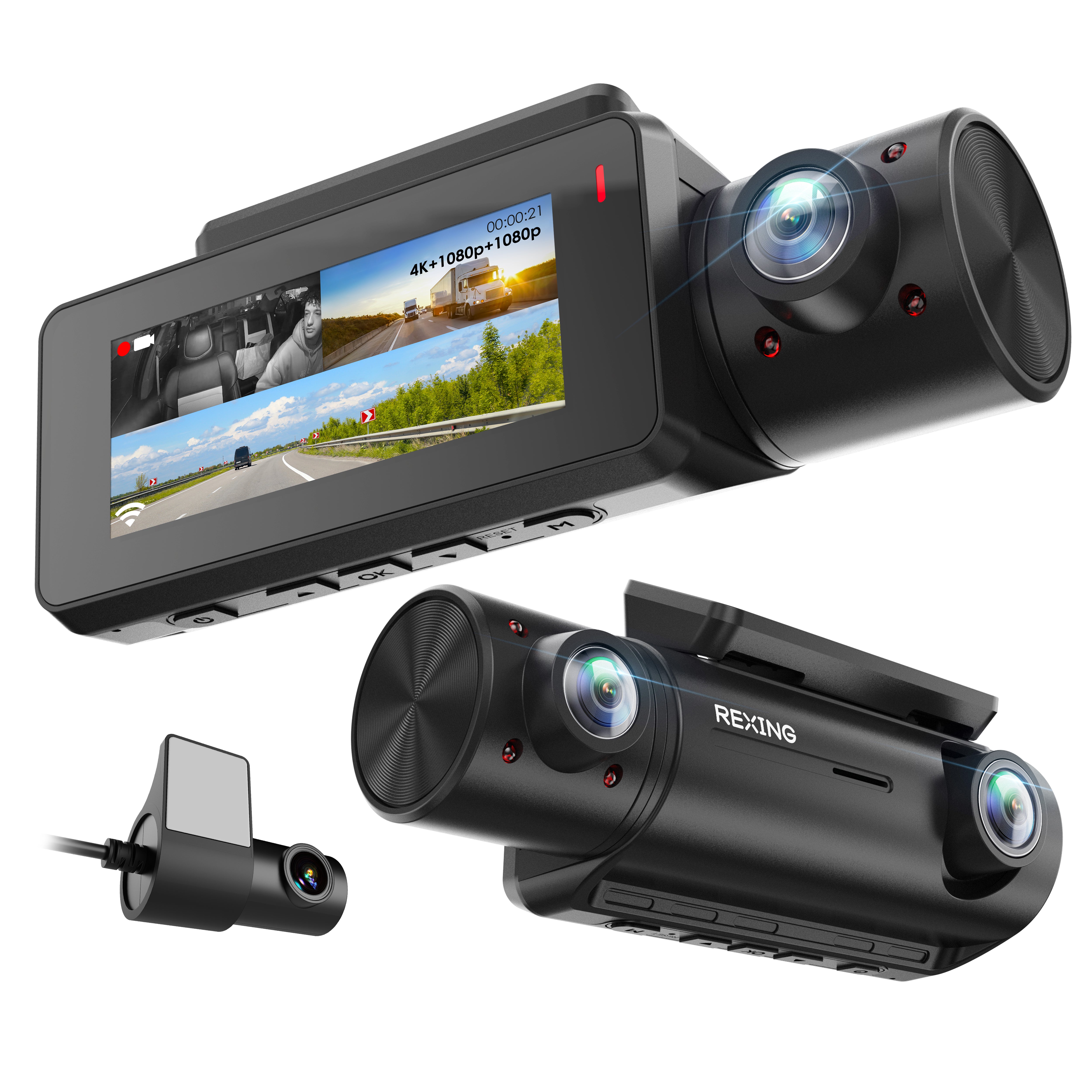 Rexing C3 3-Channel Dash Cam, 4K Front + 1080p Cabin & Rear, Wi-Fi, Night Vision, 24/7 Parking Monitor, G-Sensor, Loop Recording, No Battery Design