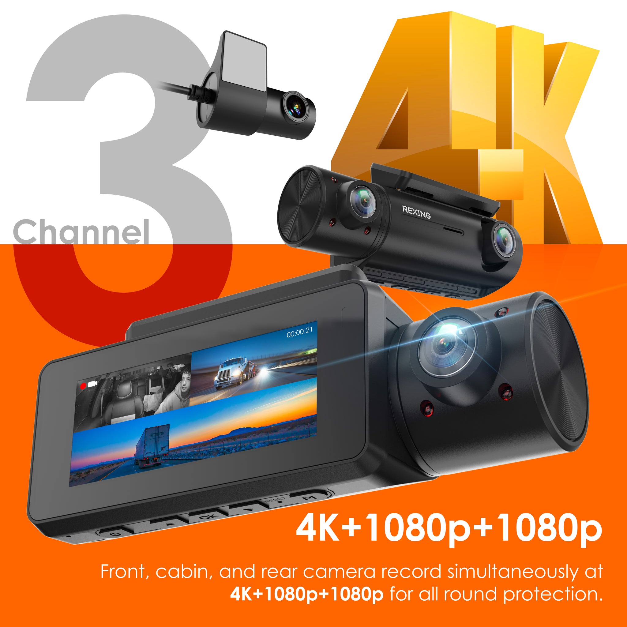 Rexing C3 3-Channel Dash Cam, 4K Front + 1080p Cabin & Rear, Wi-Fi, Night Vision, 24/7 Parking Monitor, G-Sensor, Loop Recording, No Battery Design