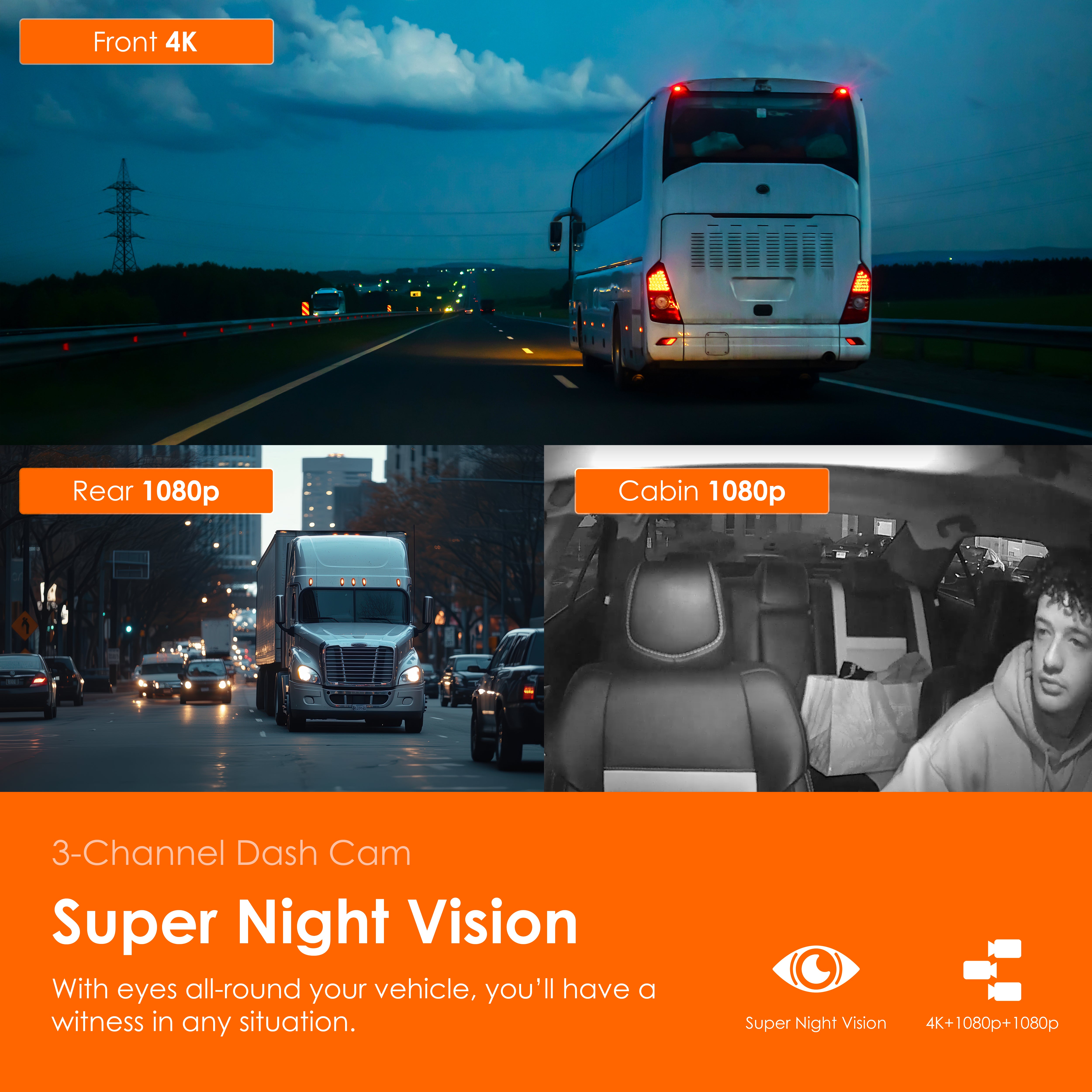 Rexing C3 3-Channel Dash Cam, 4K Front + 1080p Cabin & Rear, Wi-Fi, Night Vision, 24/7 Parking Monitor, G-Sensor, Loop Recording, No Battery Design