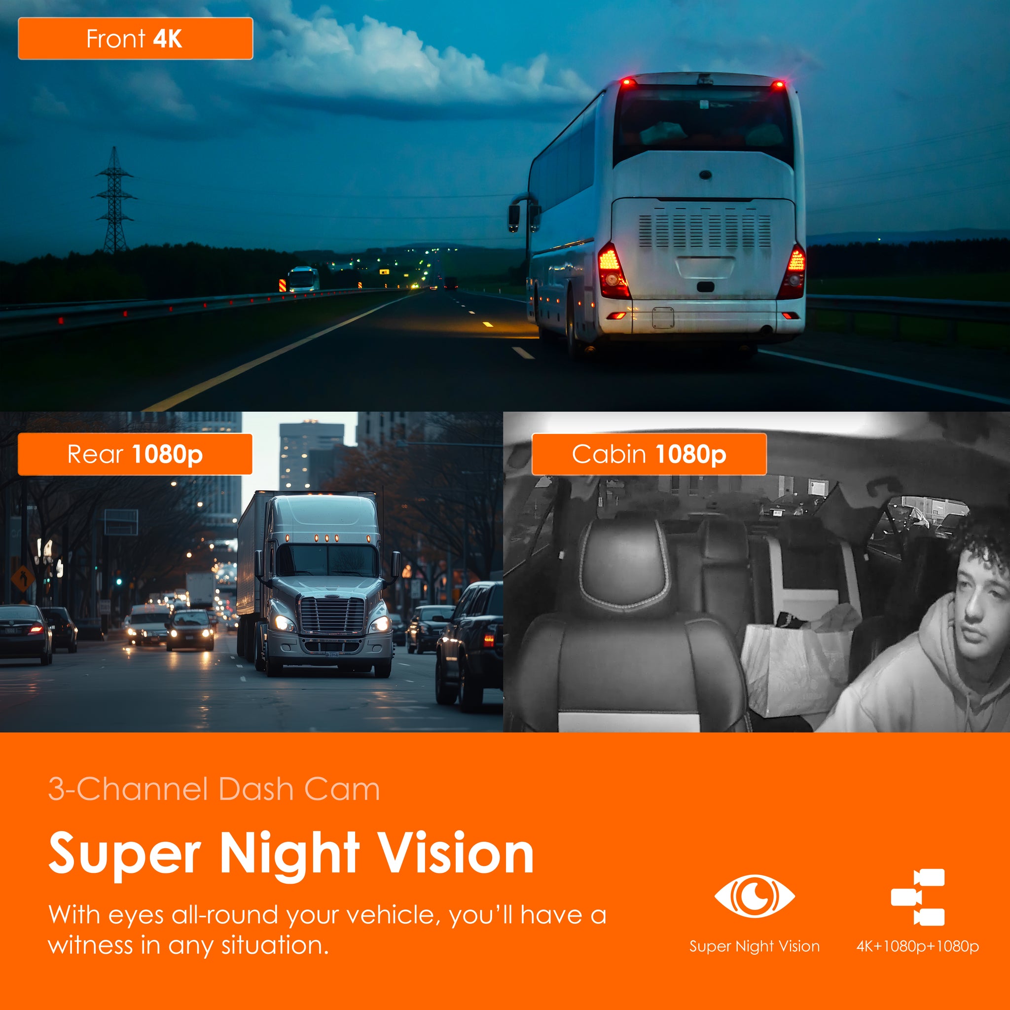 Rexing C3 3-Channel Dash Cam, 4K Front + 1080p Cabin & Rear, Wi-Fi, Night Vision, 24/7 Parking Monitor, G-Sensor, Loop Recording, No Battery Design