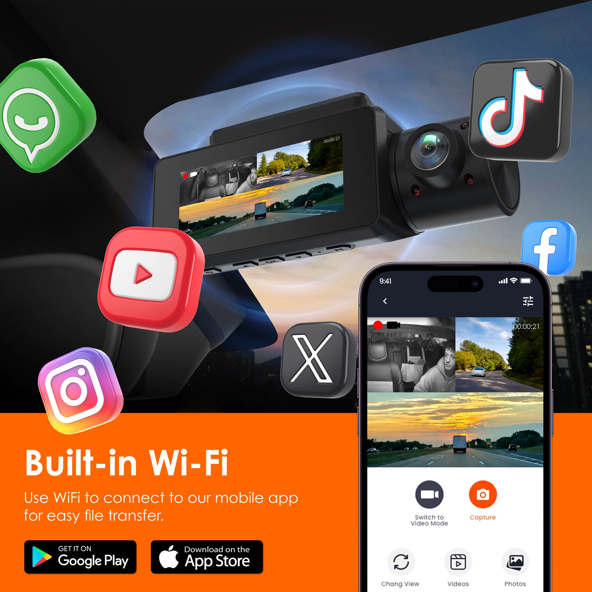 Rexing C3 3-Channel Dash Cam, 4K Front + 1080p Cabin & Rear, Wi-Fi, Night Vision, 24/7 Parking Monitor, G-Sensor, Loop Recording, No Battery Design
