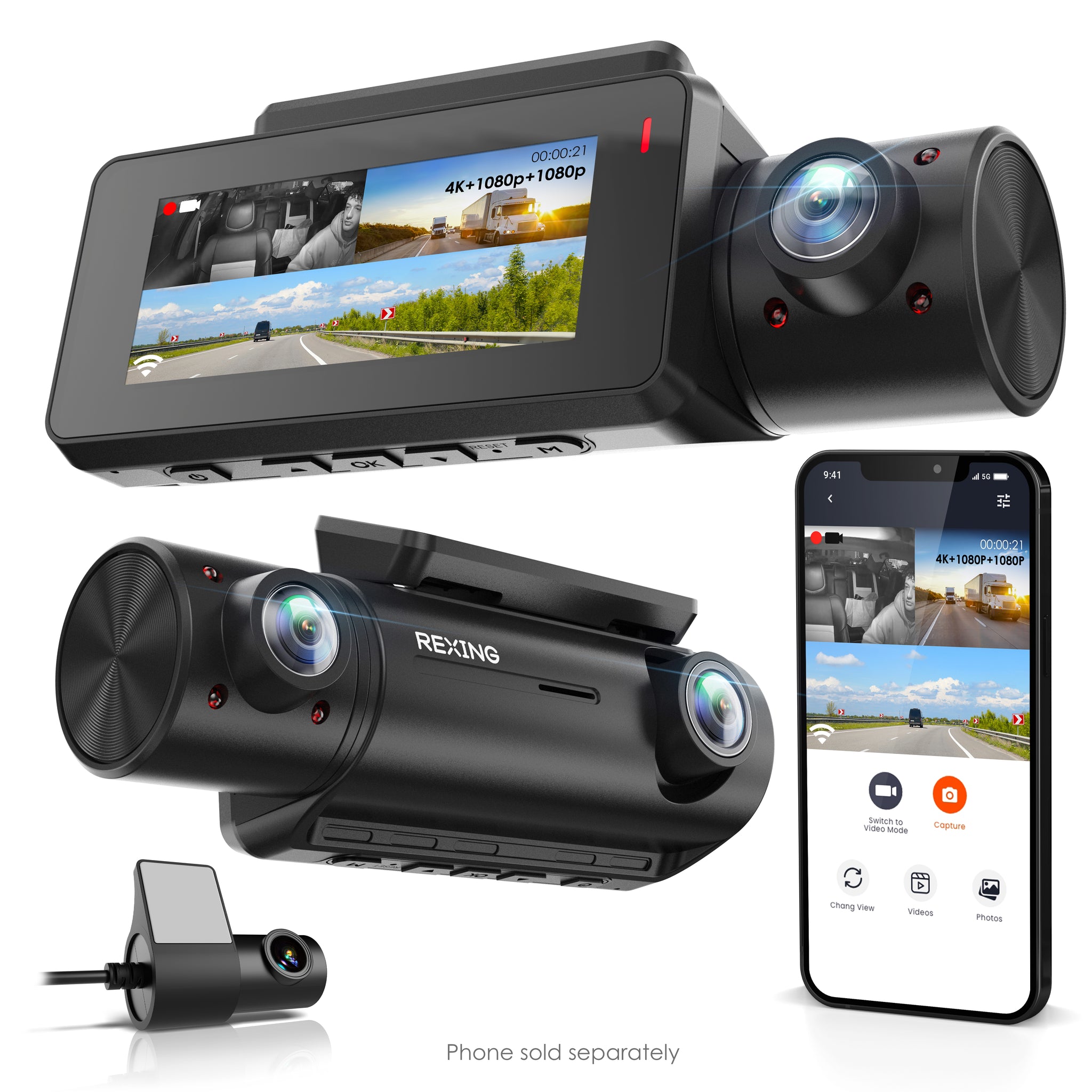 Rexing C3 3-Channel Dash Cam, 4K Front + 1080p Cabin & Rear, Wi-Fi, Night Vision, 24/7 Parking Monitor, G-Sensor, Loop Recording, No Battery Design