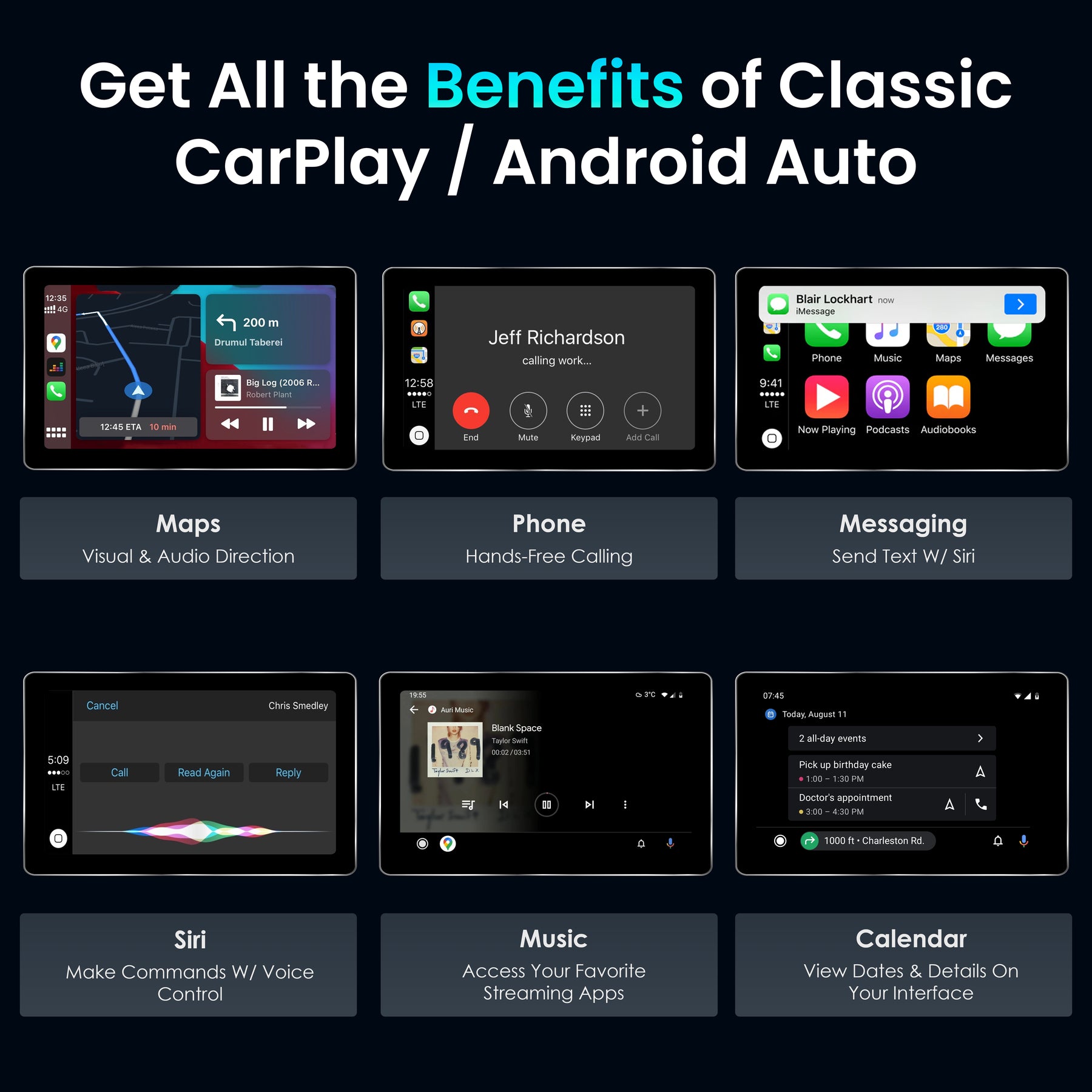 Examples of maps, phone calls, messaging, voice control, music and calendar in CarPlay and Android Auto