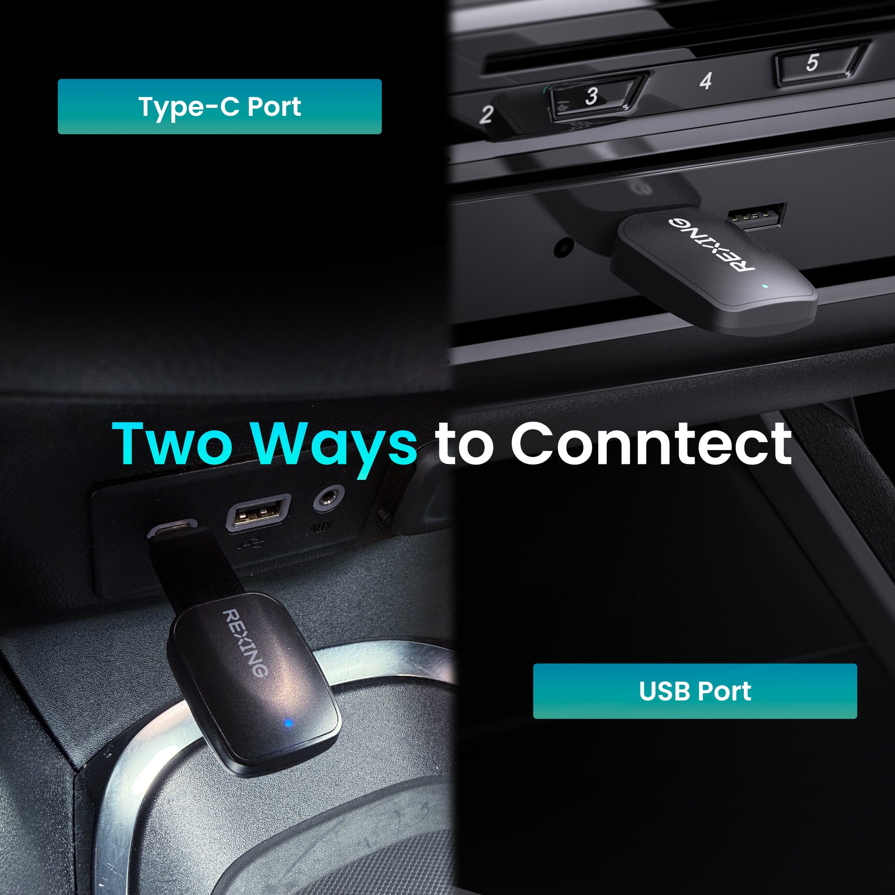 Rexing CPW-42 connected to USB-A and USB-C vehicle ports