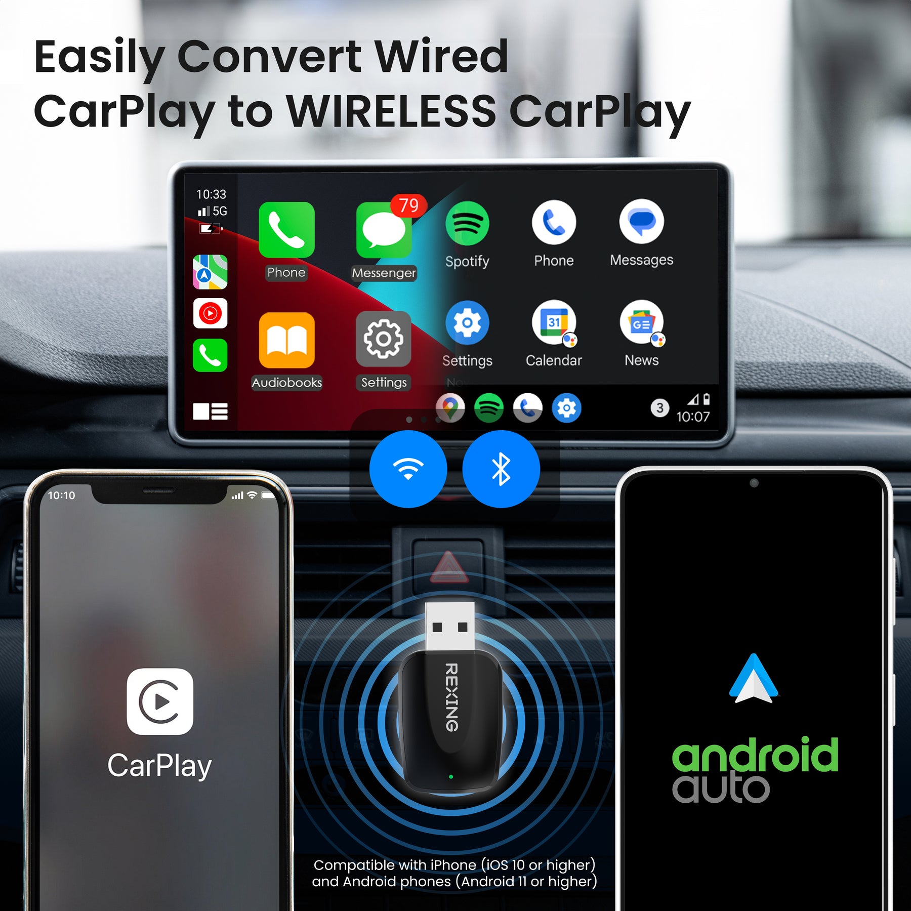 Rexing CPW-42 Wireless CarPlay & Android Auto Adapter for iPhone (iOS 10+) and Android (Android 11+)