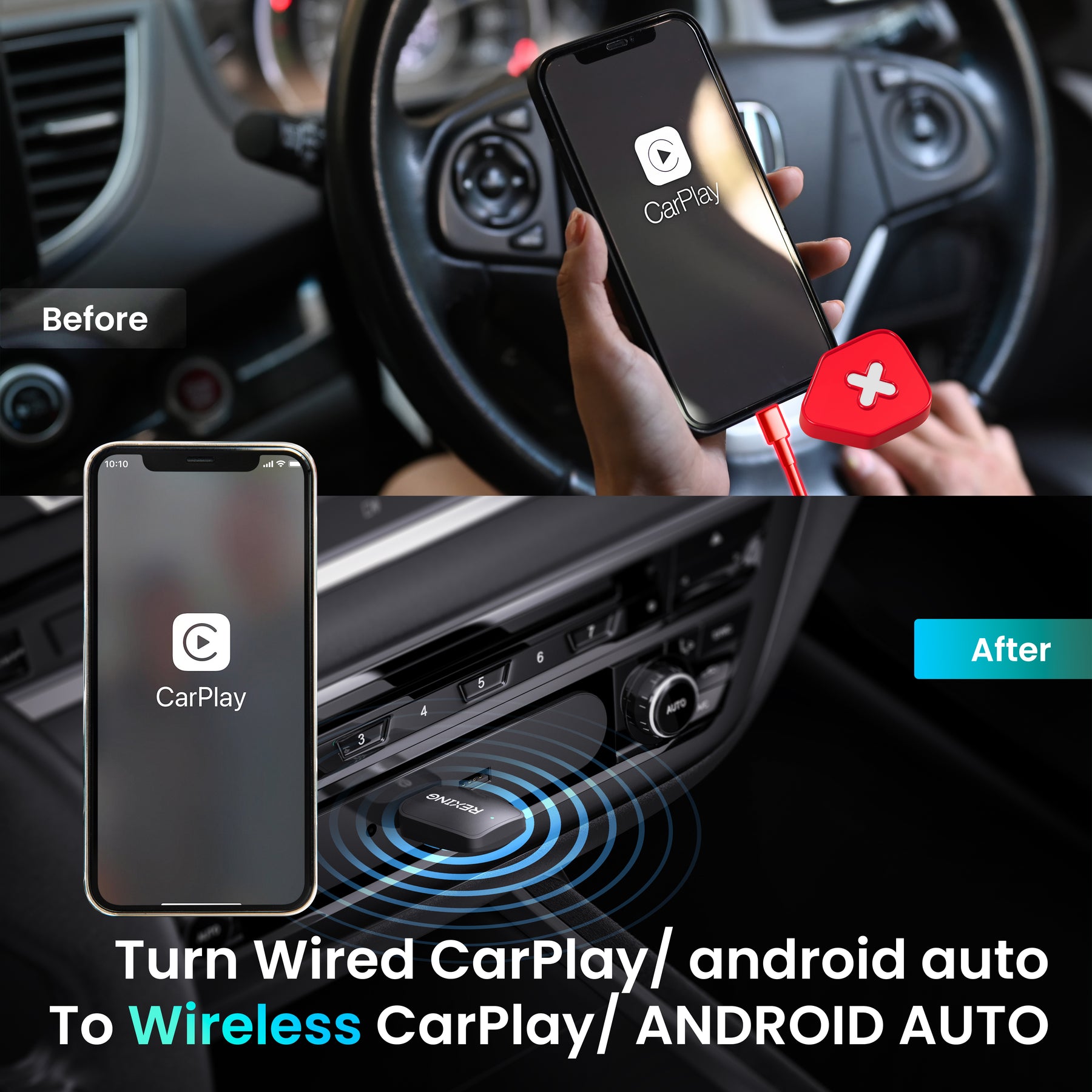 Before and after comparison of wired and wireless CarPlay and Android Auto connections