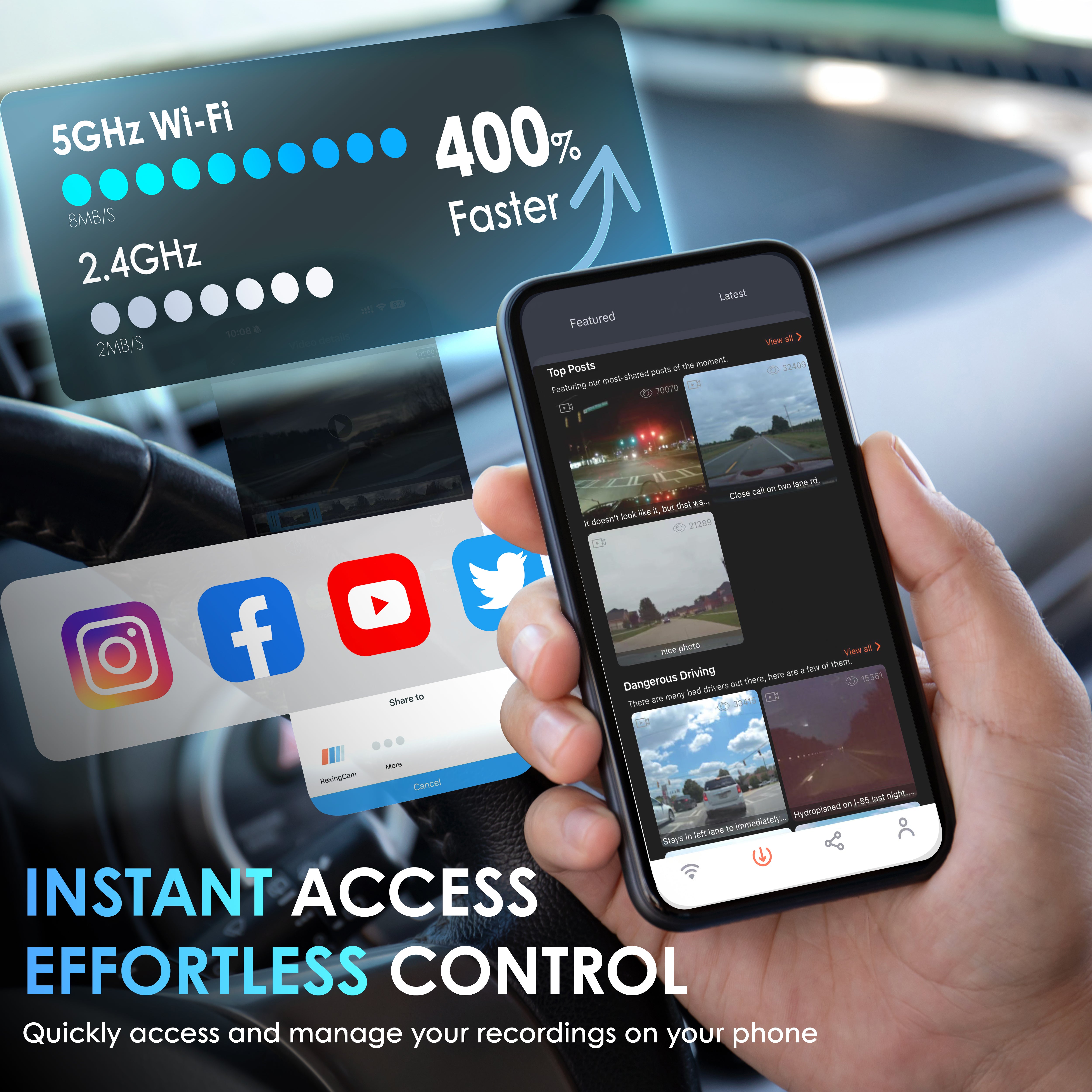 Rexing F30 4K+1080P Dual Dash Cam Front and Rear, Built-in GPS Mount, 5G Wi-Fi, App Control, Parking Monitor, Collision Detection